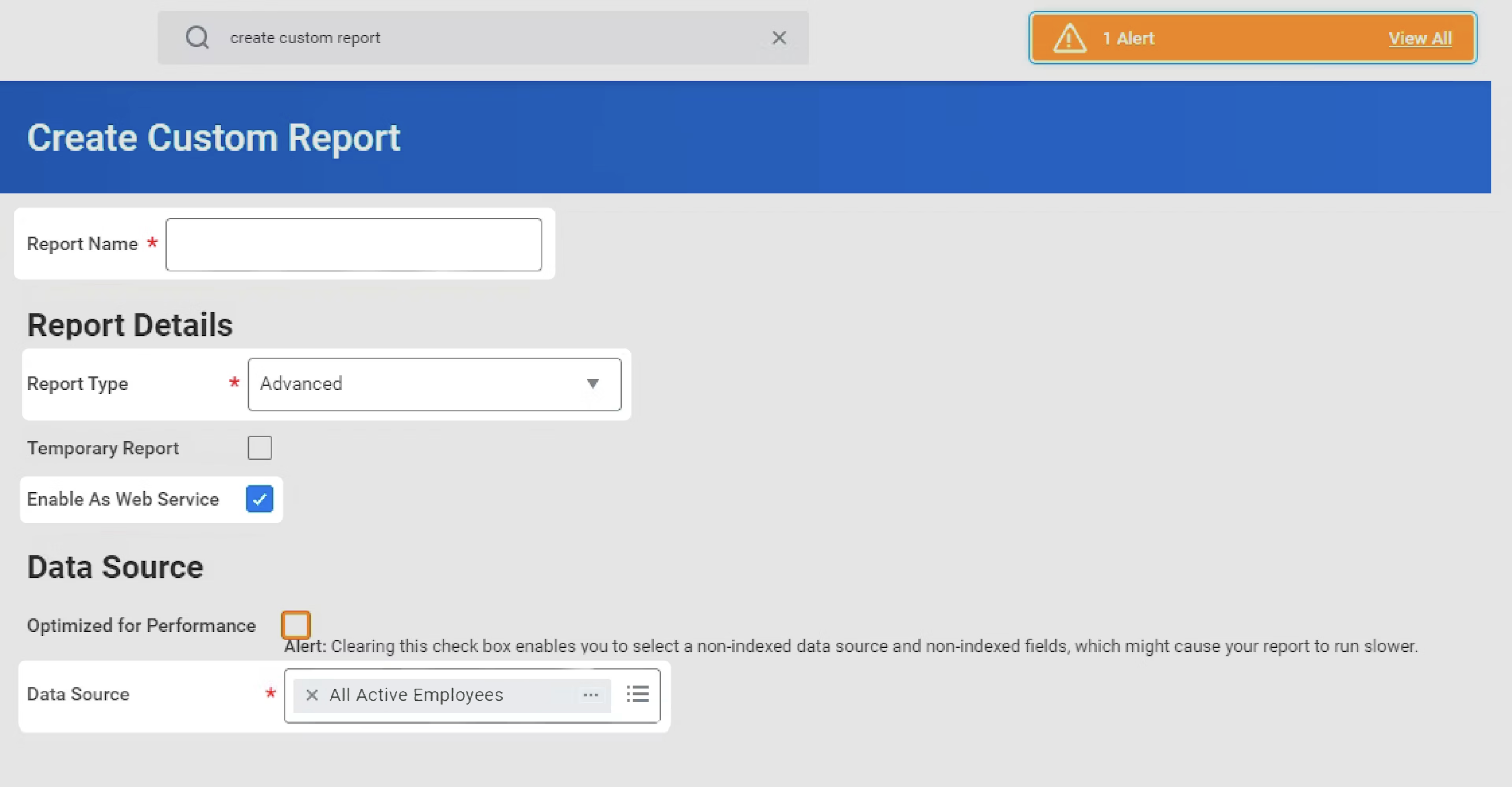 A screenshot showing the "Create Custom Report" page in the Workday Dashboard.