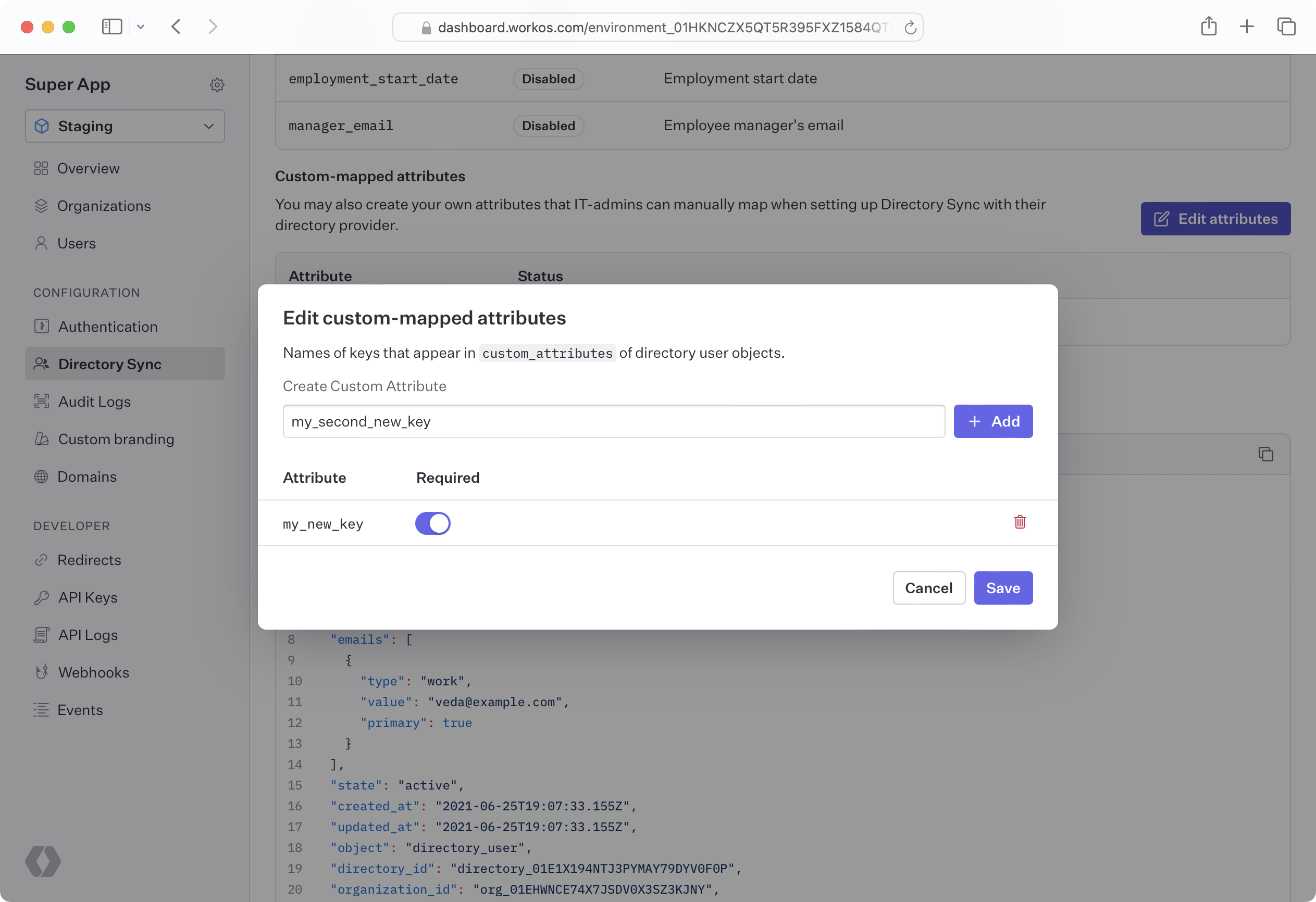 WorkOS Dashboard UI showing custom attribute editing