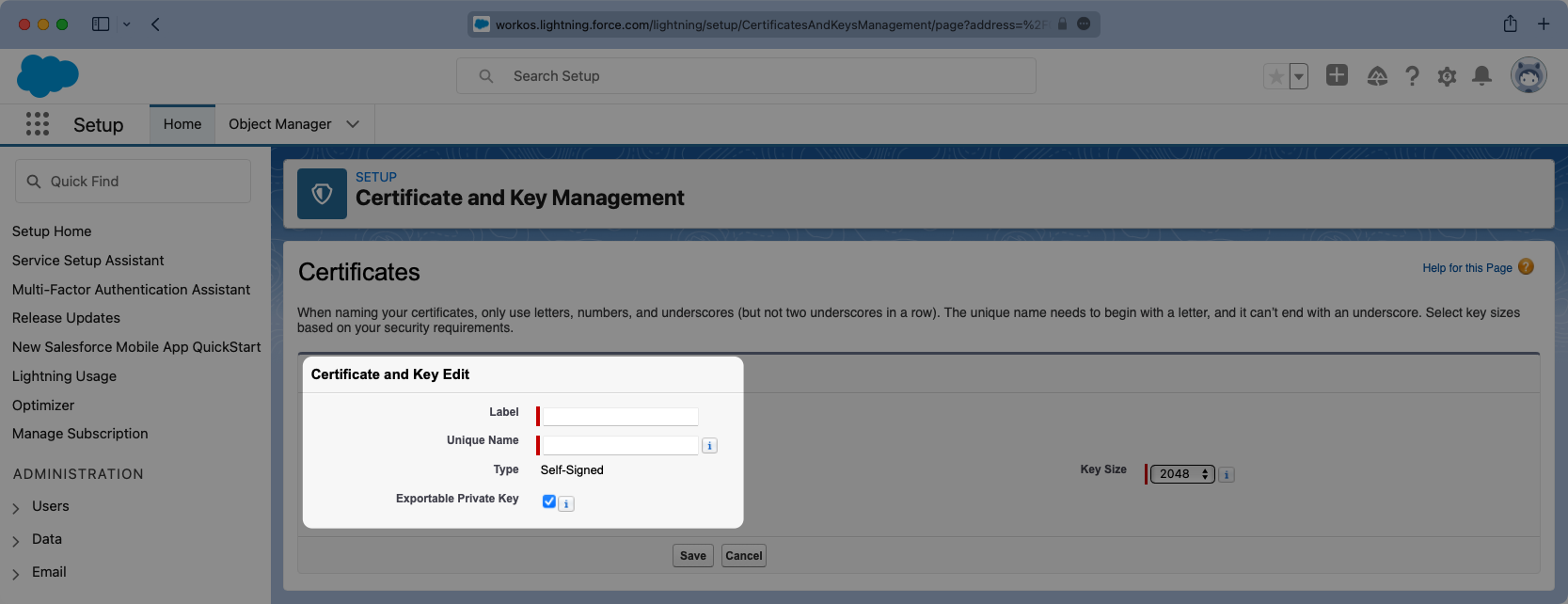 A screenshot showing how to configure the Self-Signed Certificate details in the Salesforce dashboard.