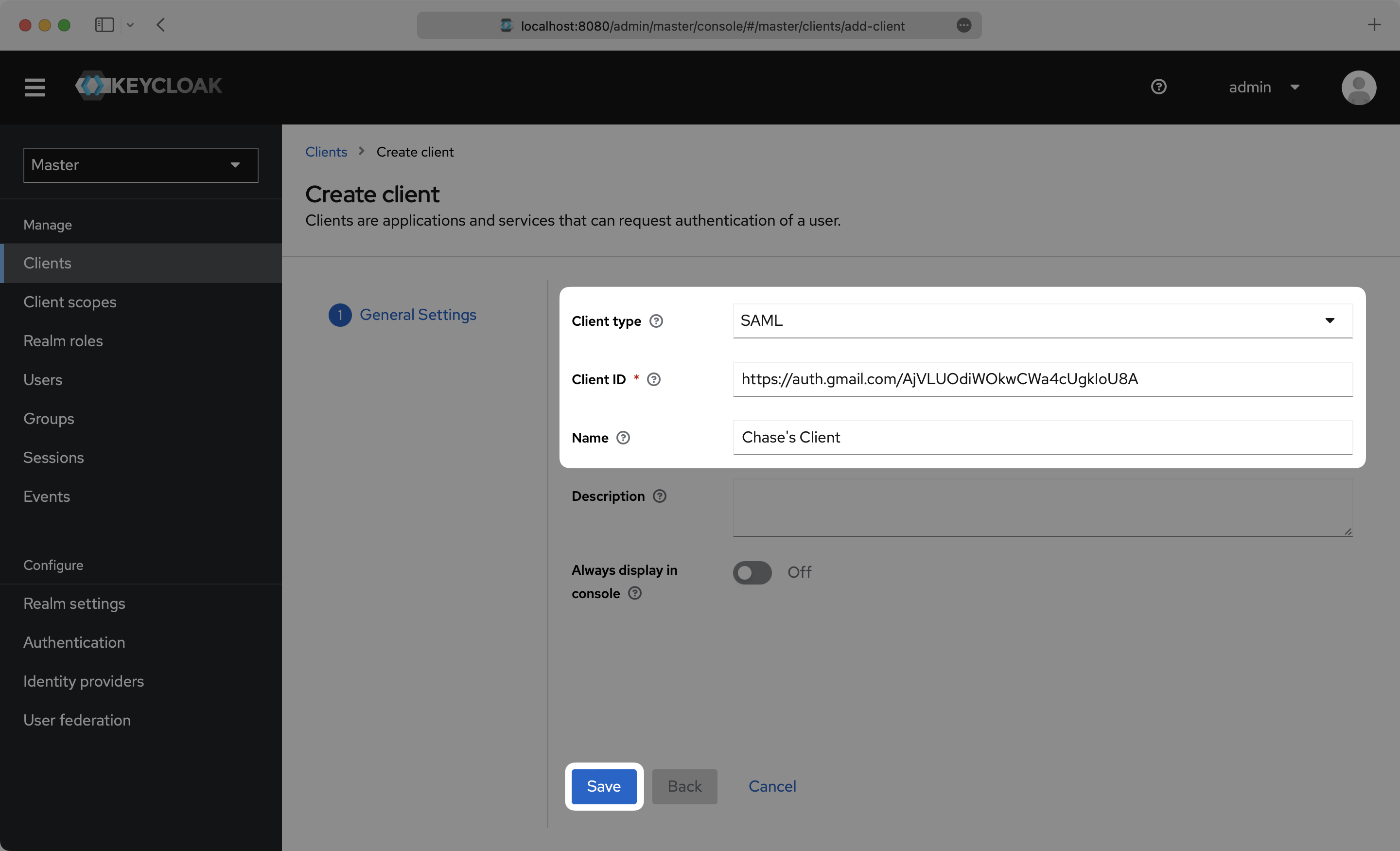 A screenshot highlighting the input fields "Client type", "Client ID" and "Name" in the Keycloak dashboard.