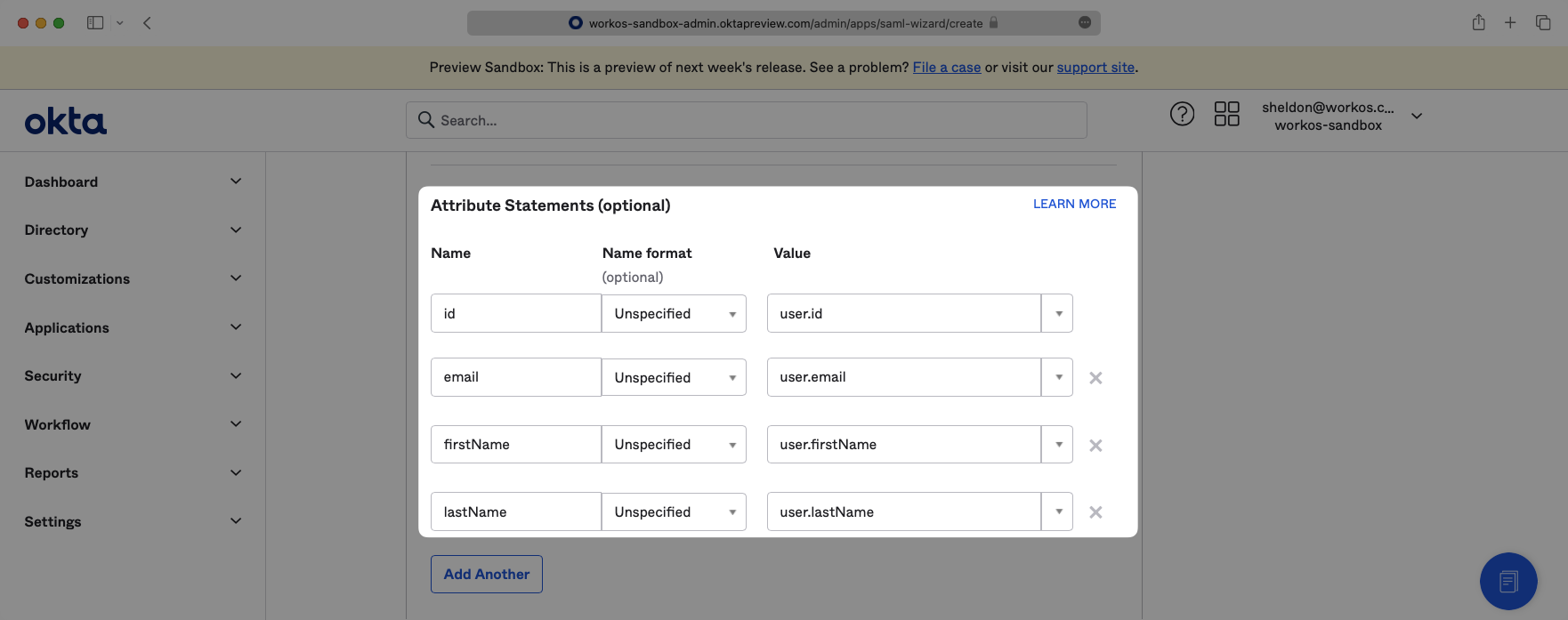 A screenshot showing the "Attribute Statements" configuration in the Okta Dashboard.