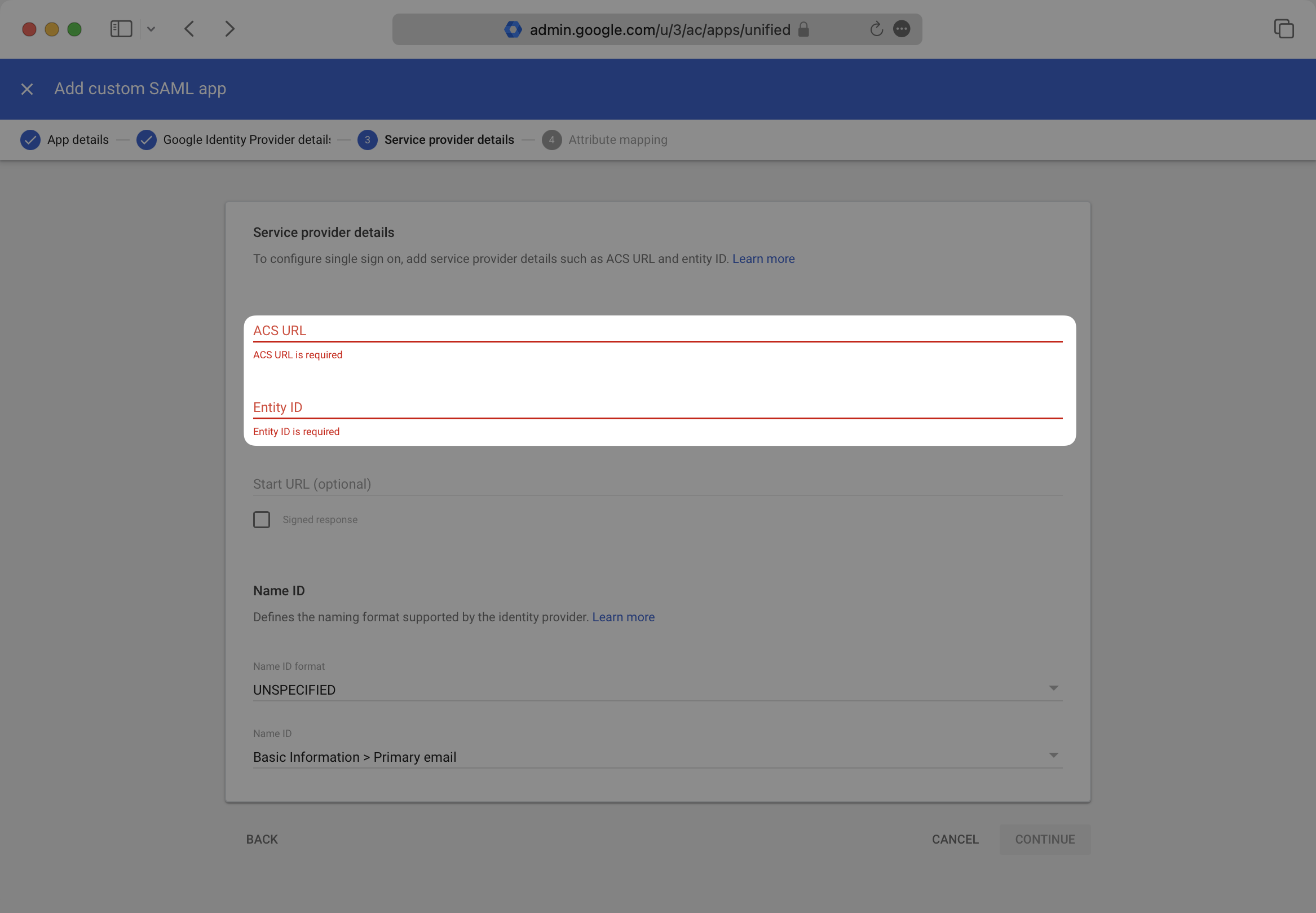A screenshot showing where to enter "Entity ID" and "ACS URL" in the Google Dashboard.