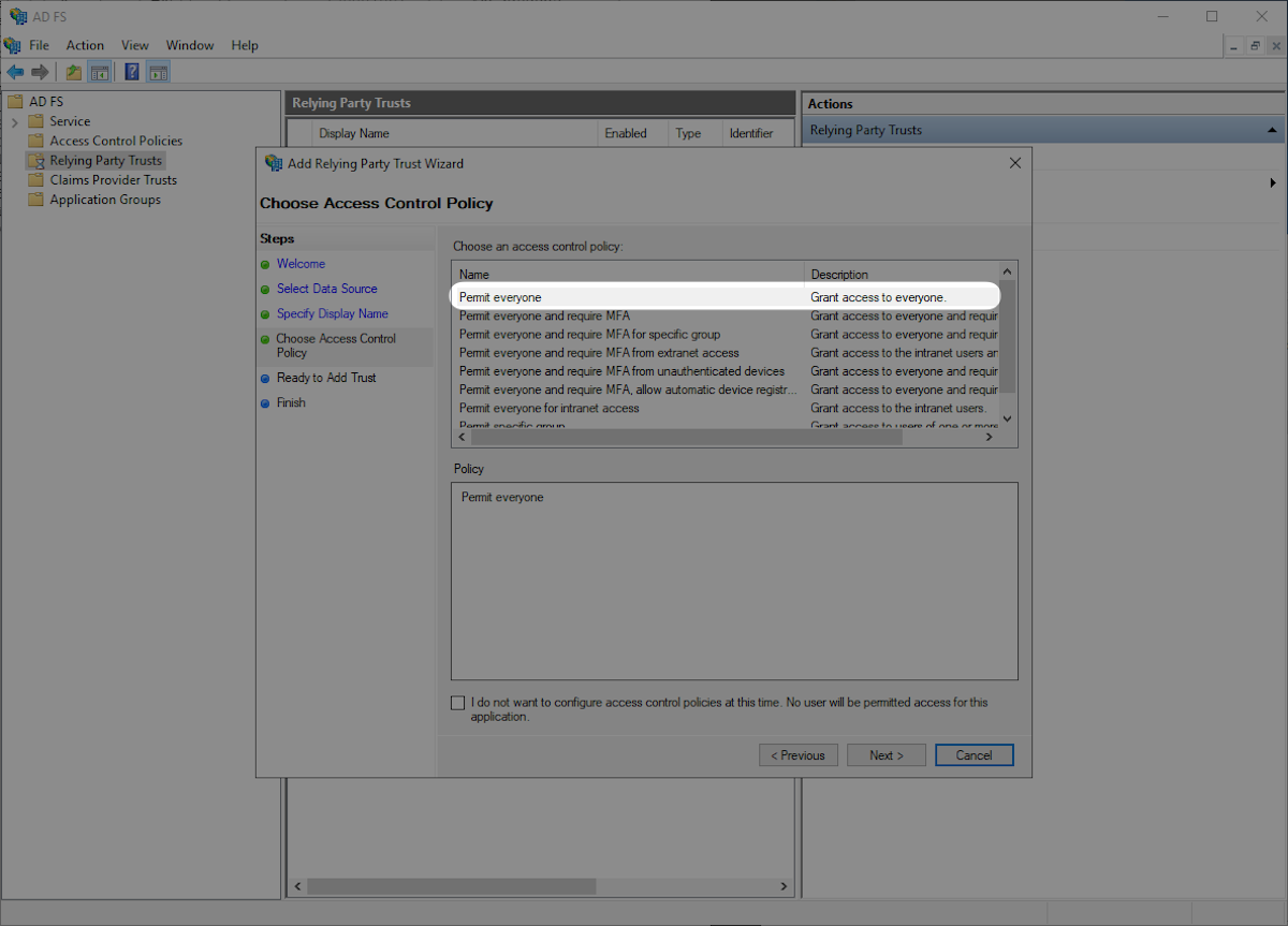 A screenshot showing where to configure access control permissions in the AD FS Relying Party Trust Wizard.