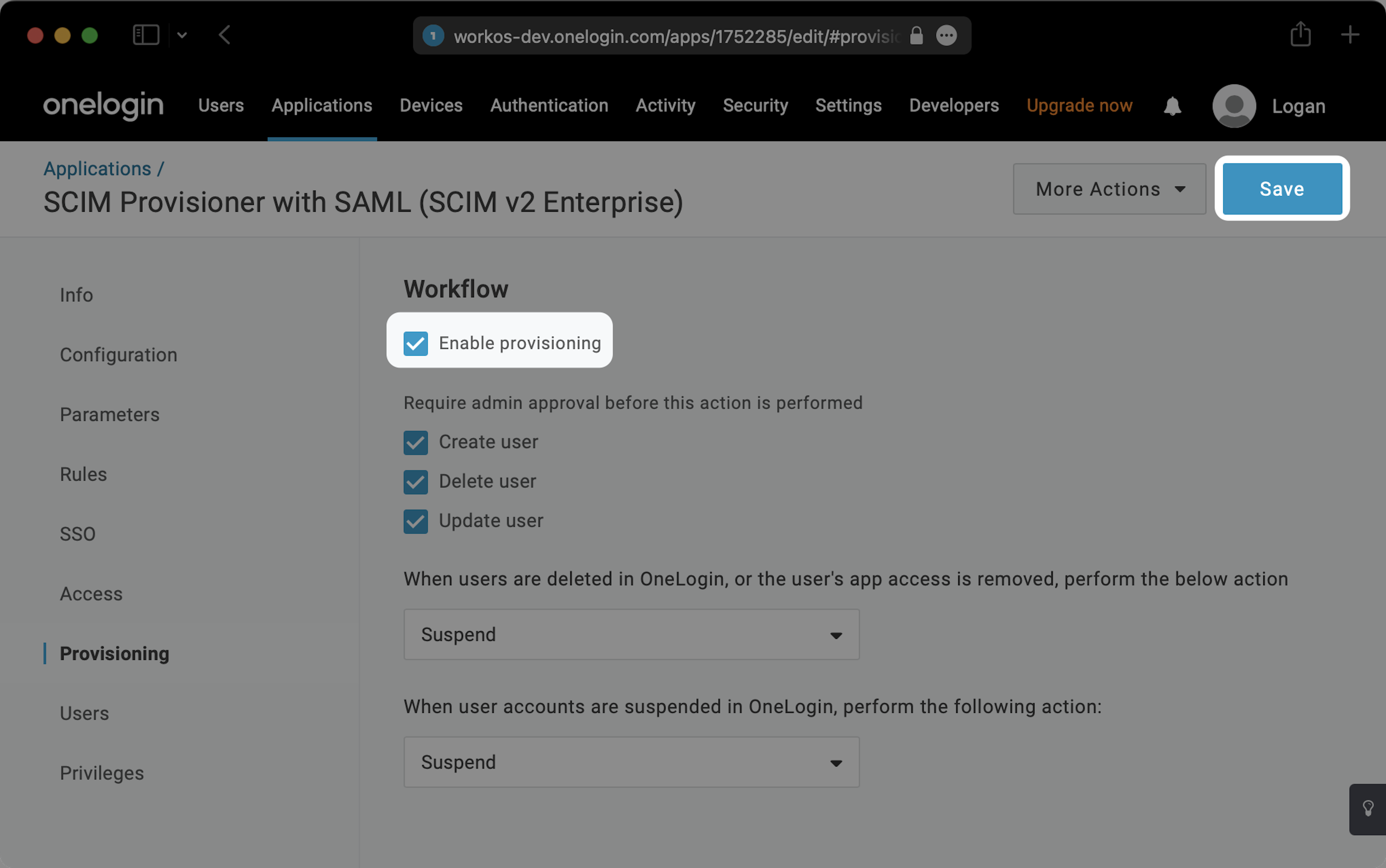 A screenshot showing where to check the 'Enable Provisioning' box in the OneLogin dashboard.