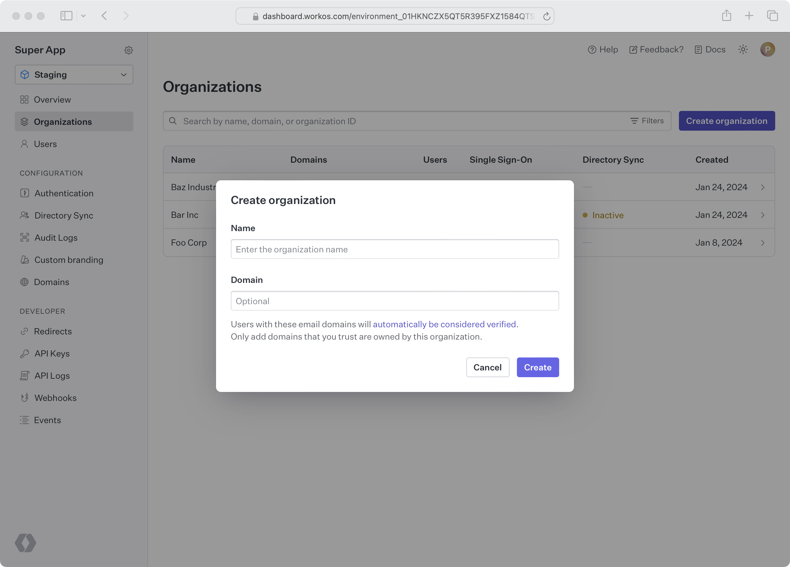 WorkOS Dashboard UI showing organization creation
