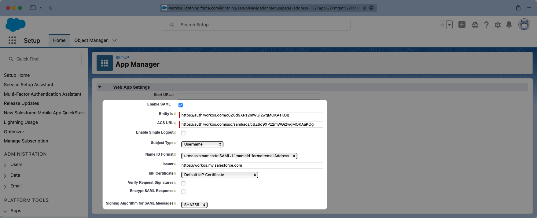 A screenshot showing where to place the WorkOS ACS URL and SP Entity ID in the Salesforce dashboard.