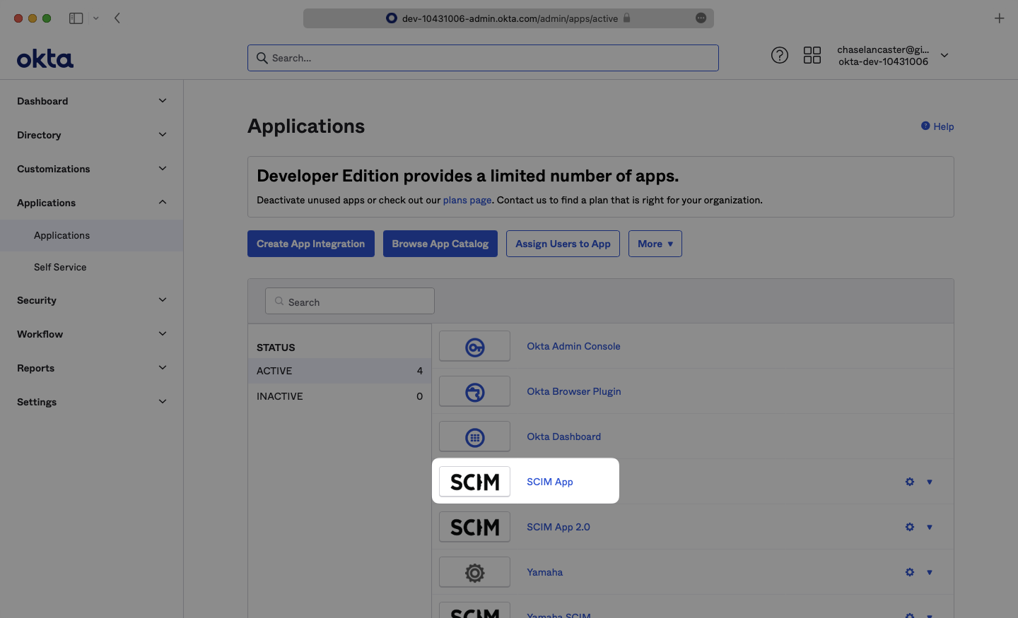 A screenshot showing where to select an already created application in Okta.