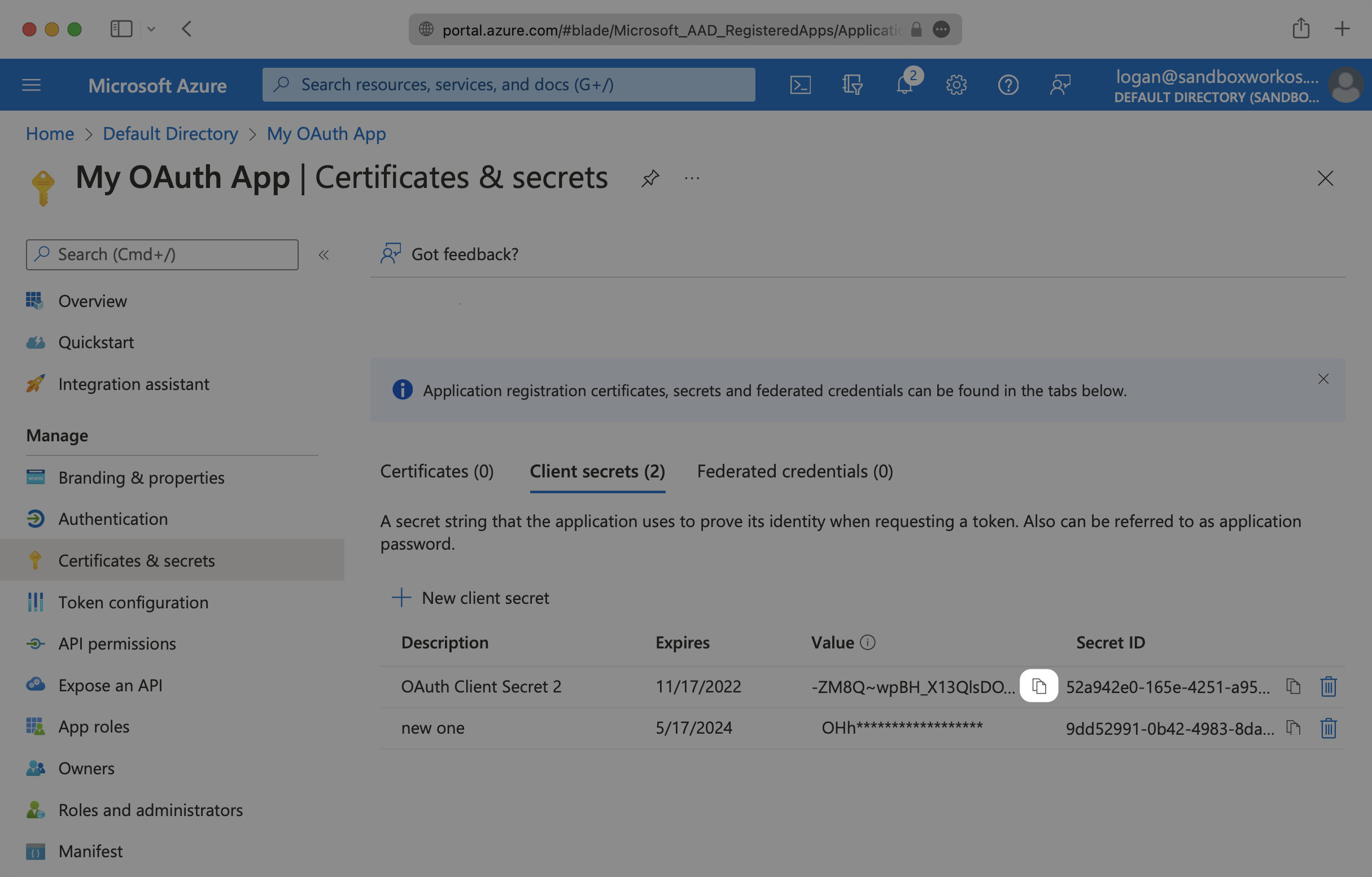 A screenshot showing where to copy the Azure AD Client Secret.