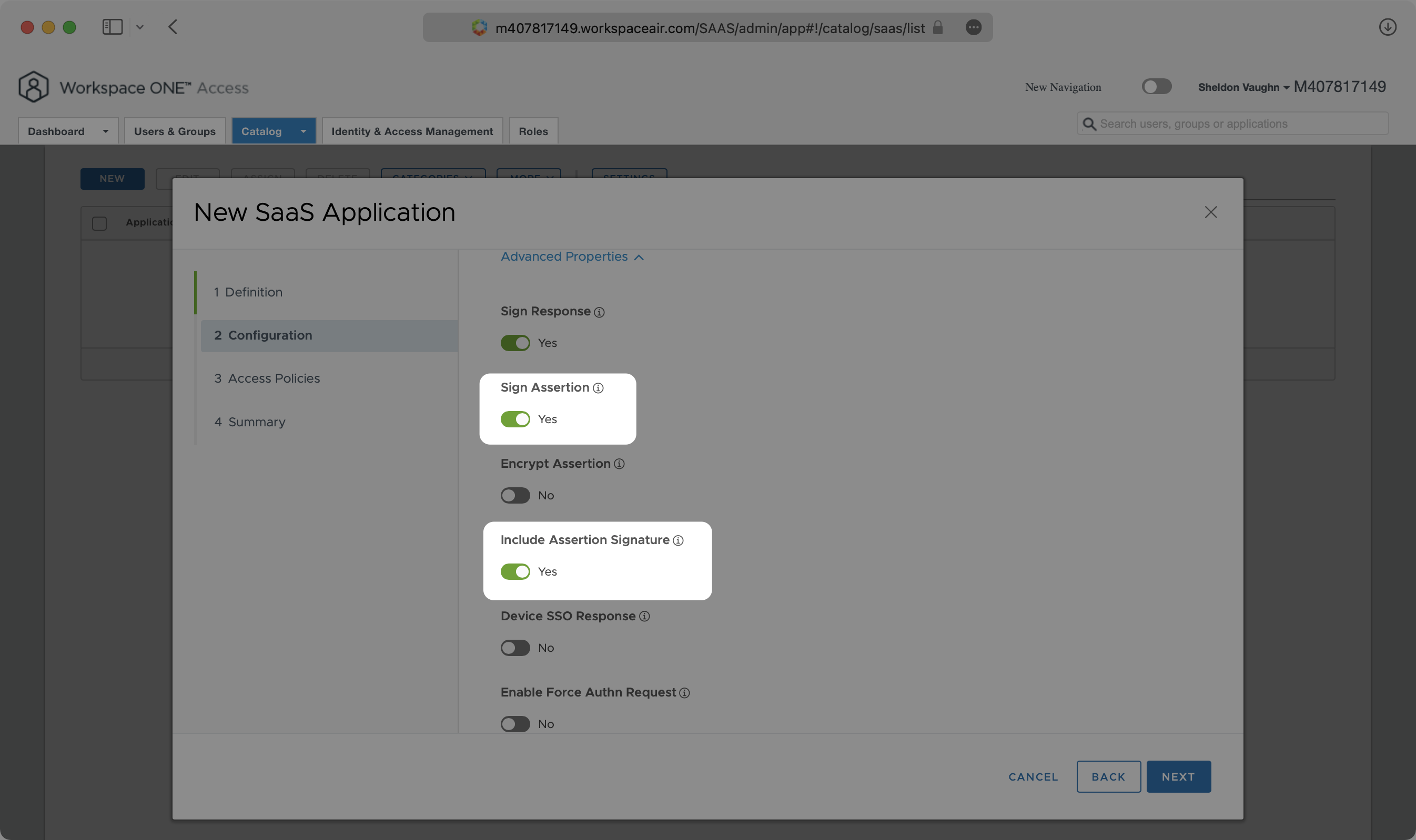 A screenshot showing where to enable "Sign Assertion" and "Include Assertion Signature" in VMWare application.