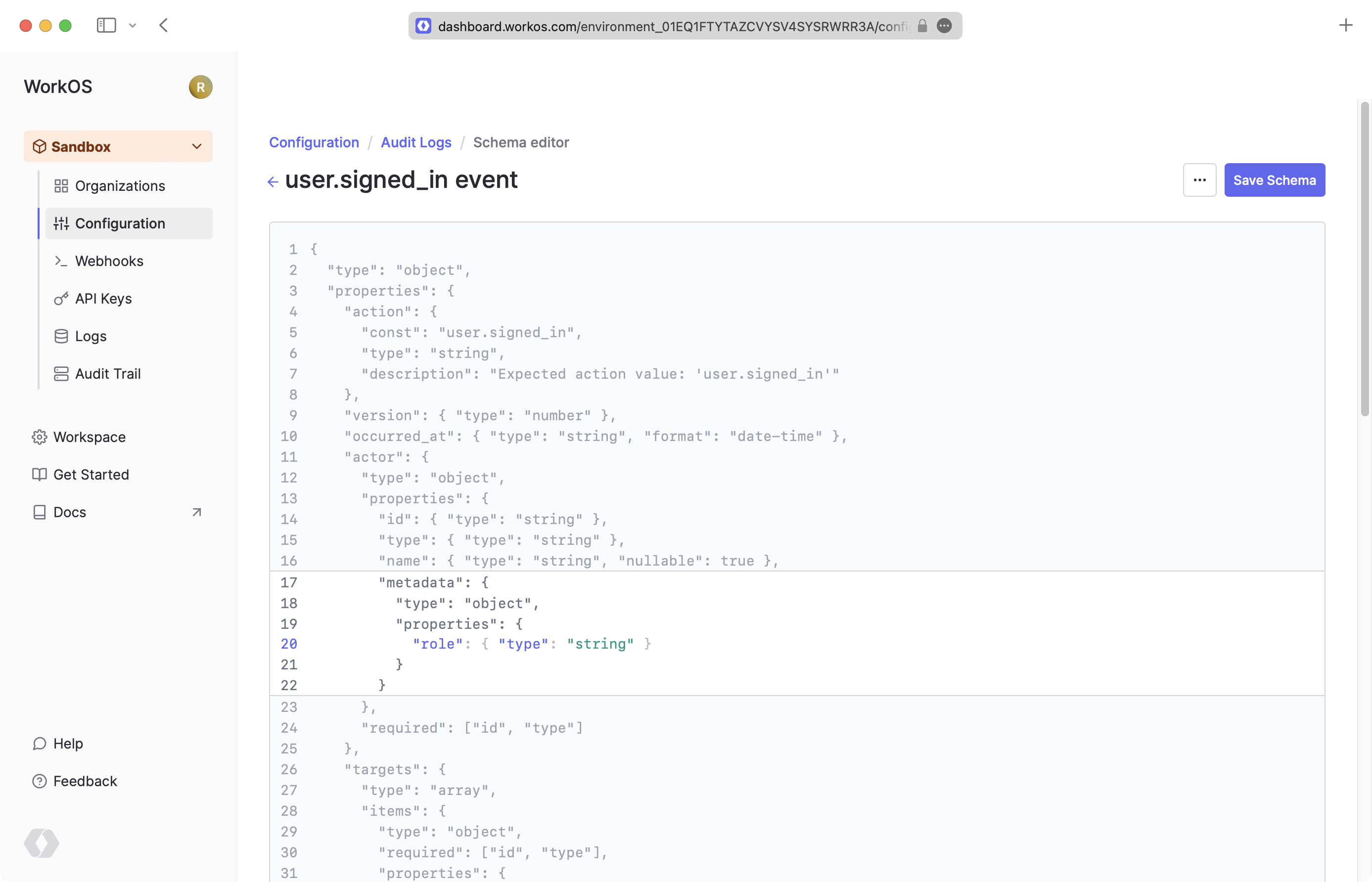 WorkOS Dashboard – Metadata Schema Editor