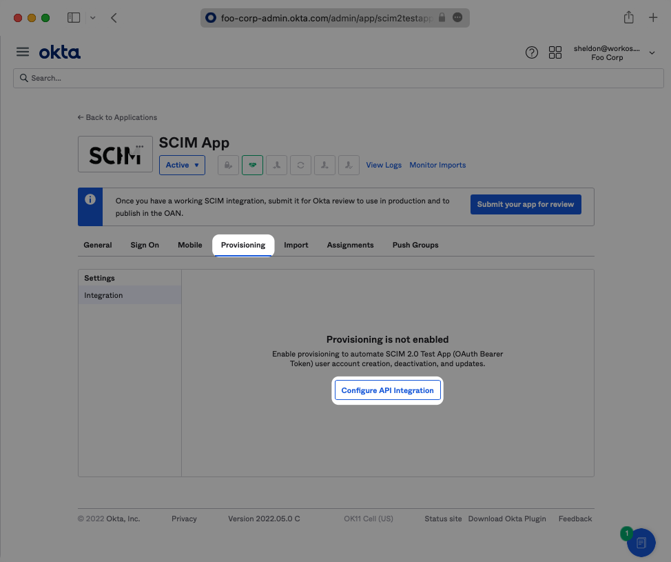 Configure Provisioning in Okta SCIM App
