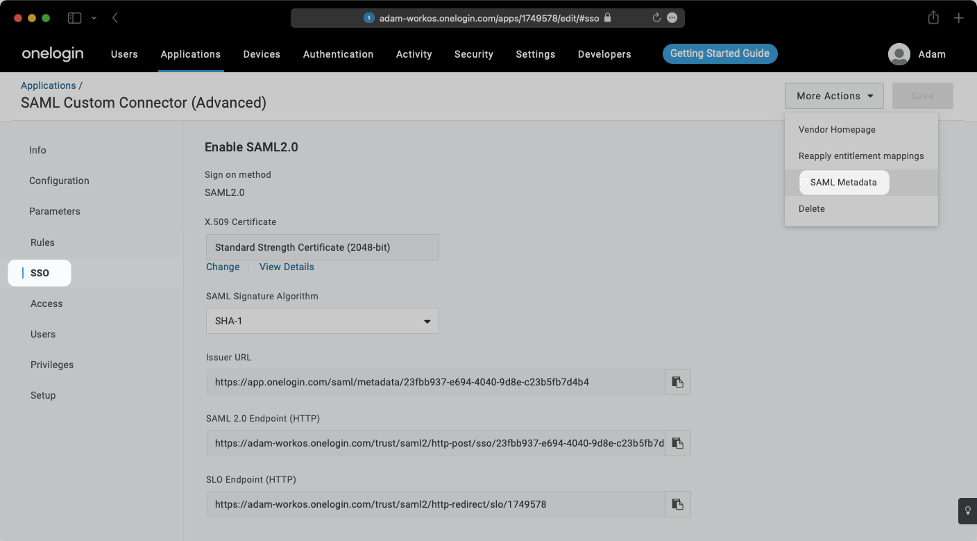 A screenshot showing how to download Metadata File in OneLogin Dashboard.