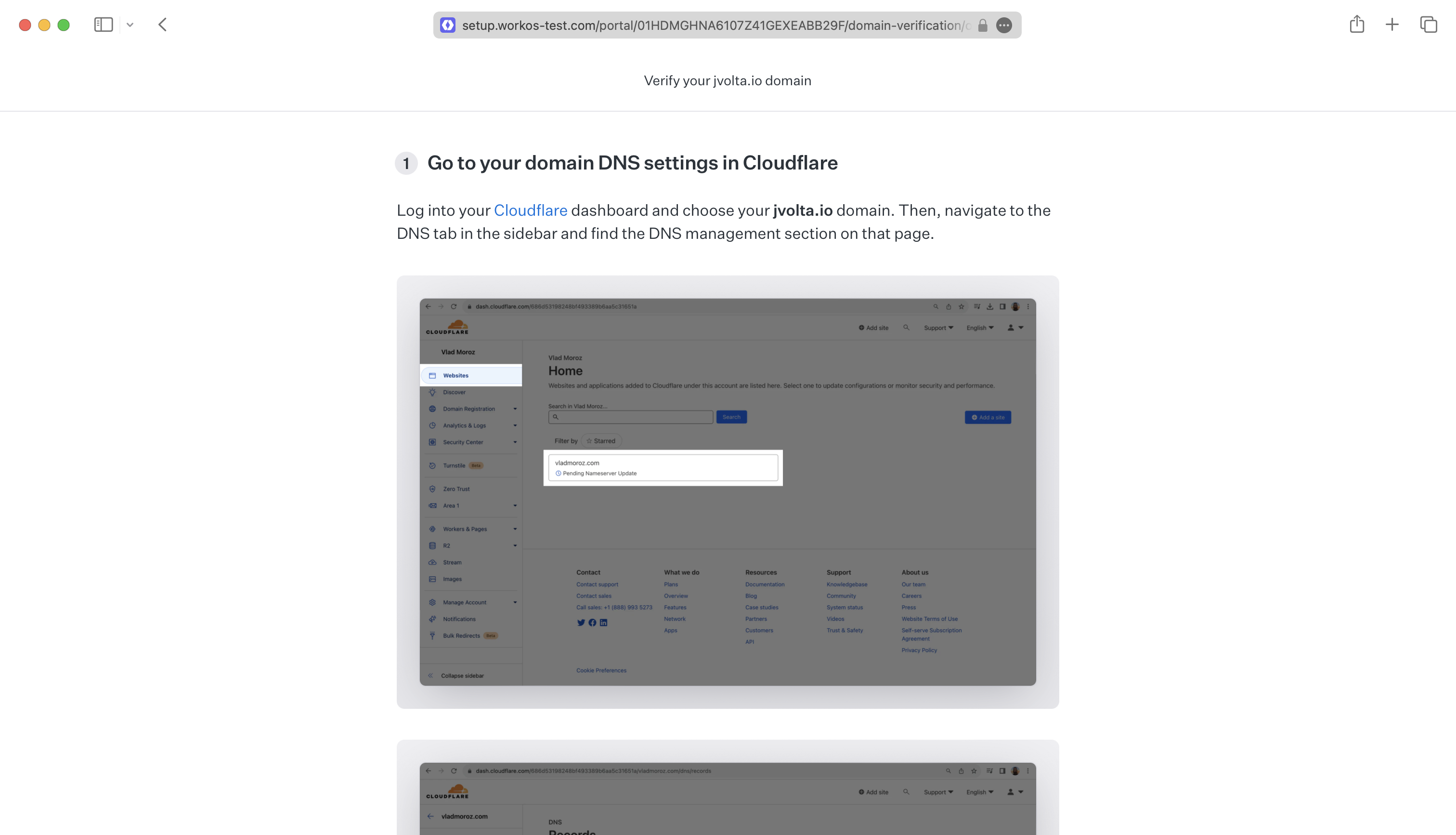 A screenshot showing the Admin Portal domain dns instructions.
