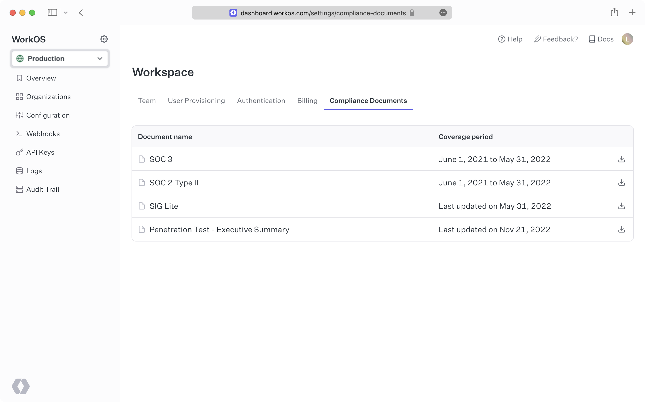 A screenshot showing Compliance Documents in the WorkOS dashboard.