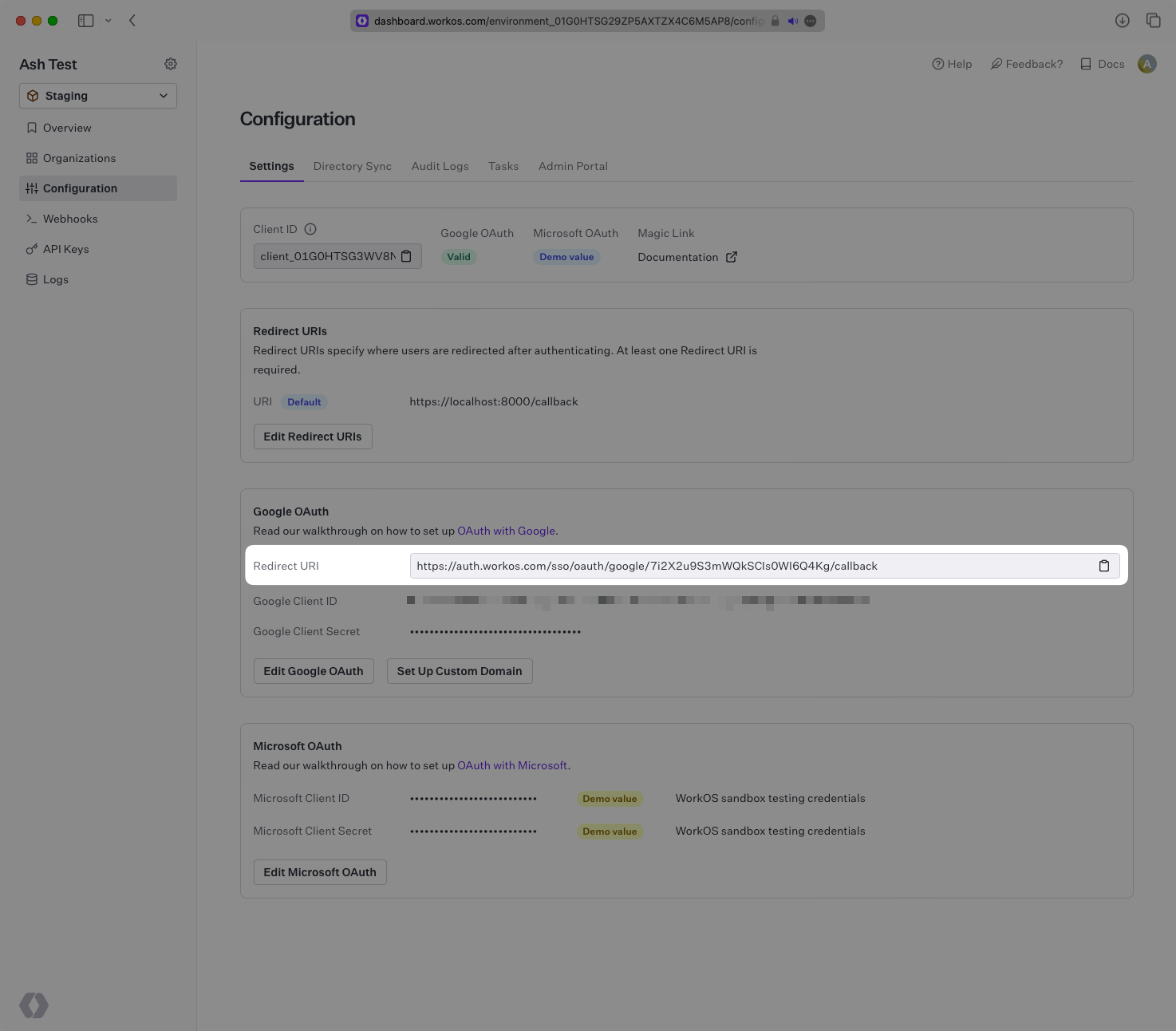 A screenshot showing the Google OAuth Redirect URI in the WorkOS Dashboard.