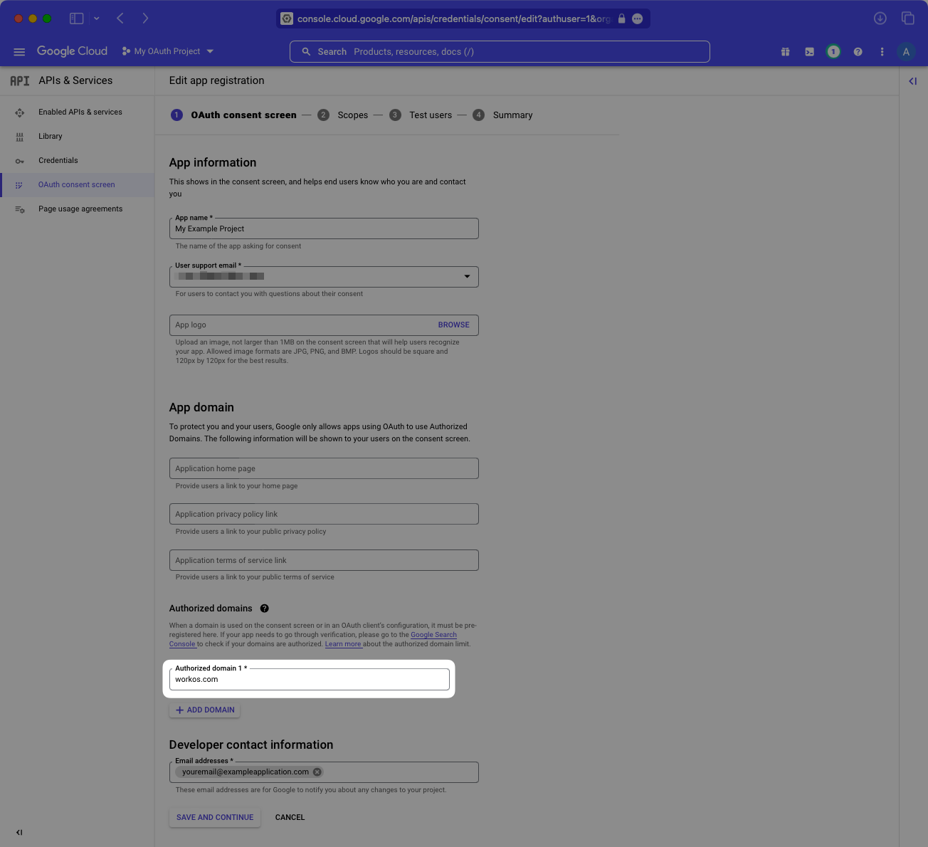 A screenshot showing where to enter workos.com as an "Authorized domain" in the Google Cloud Platform Console Dashboard.