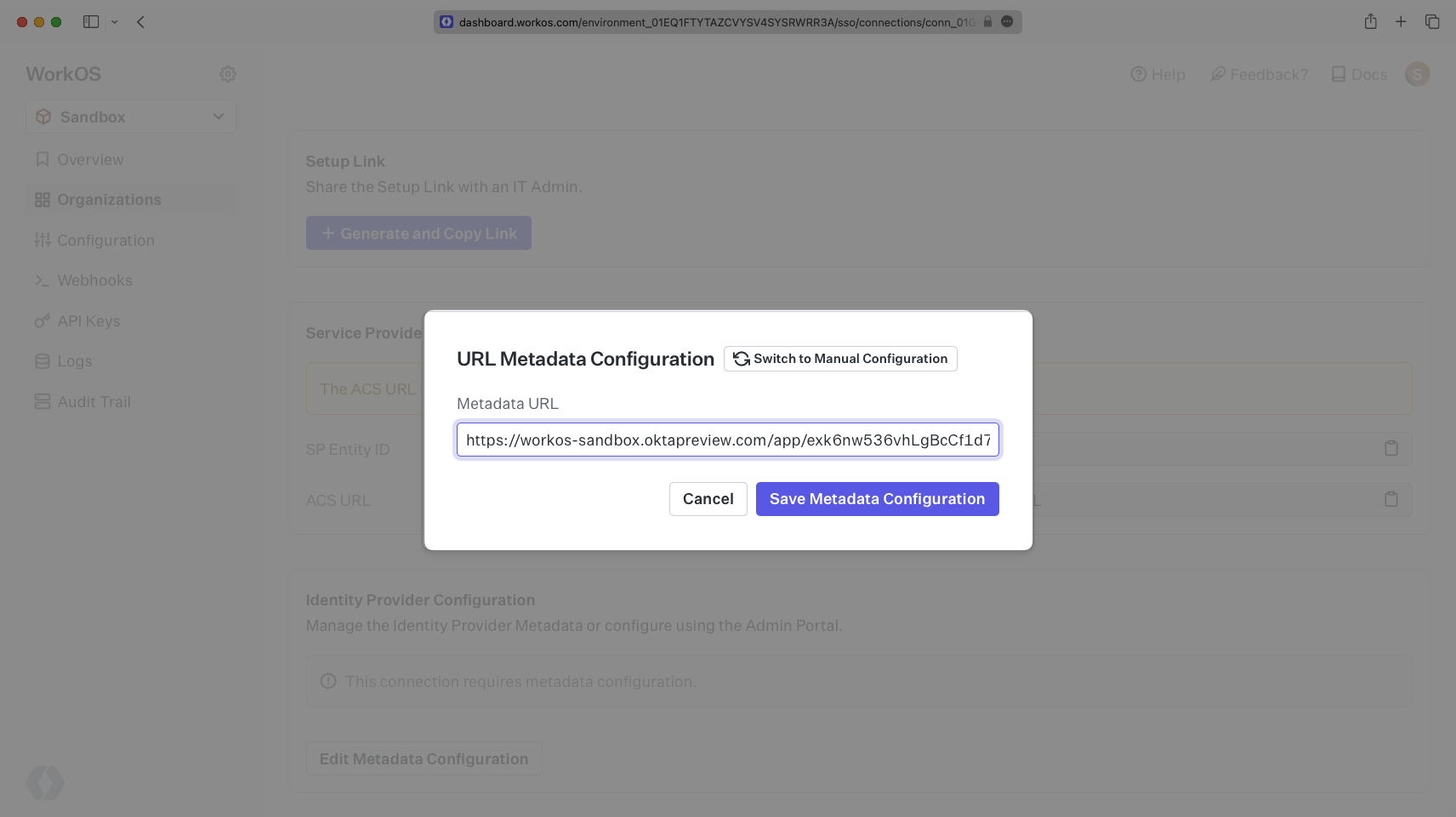 A screenshot showing where to place the Okta IdP Metadata URL in the WorkOS Dashboard.