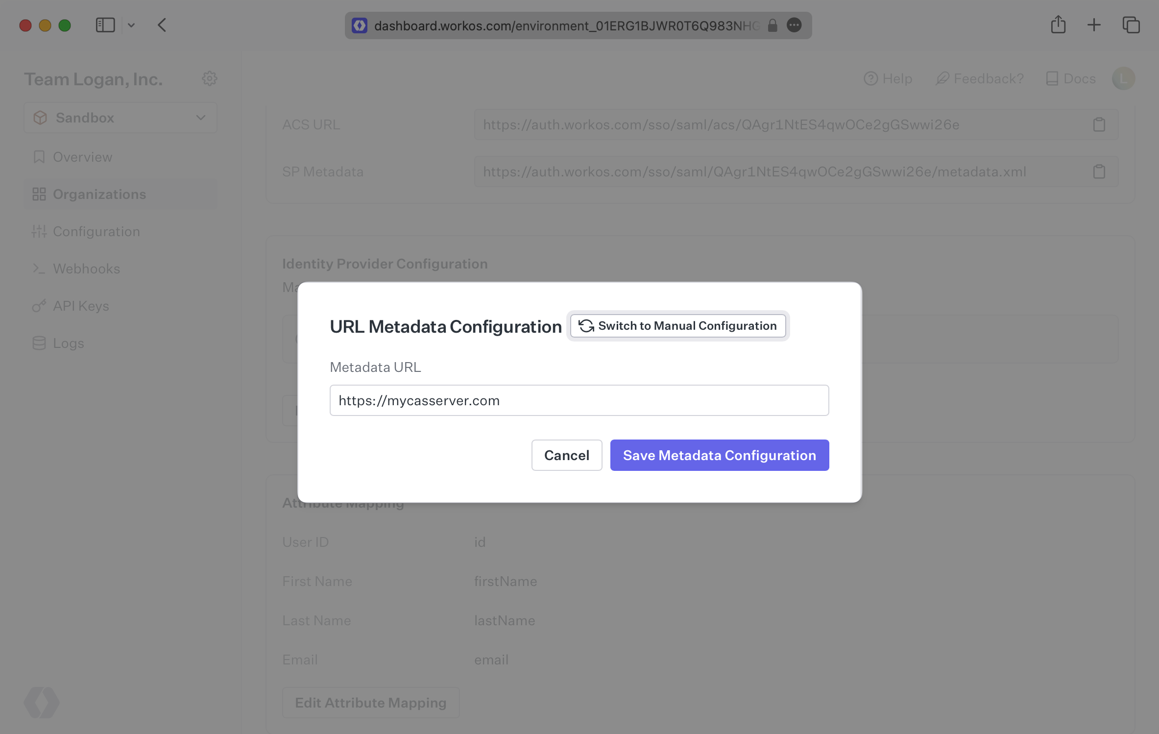 A screenshot highlighting the "URL Metadata Configuration" input of a CAS SAML Connection in the WorkOS Dashboard.