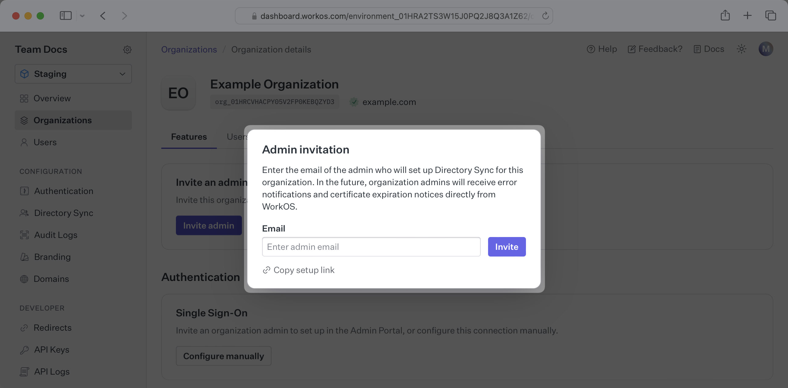 Enter the organization admin's email address, or copy the setup link.