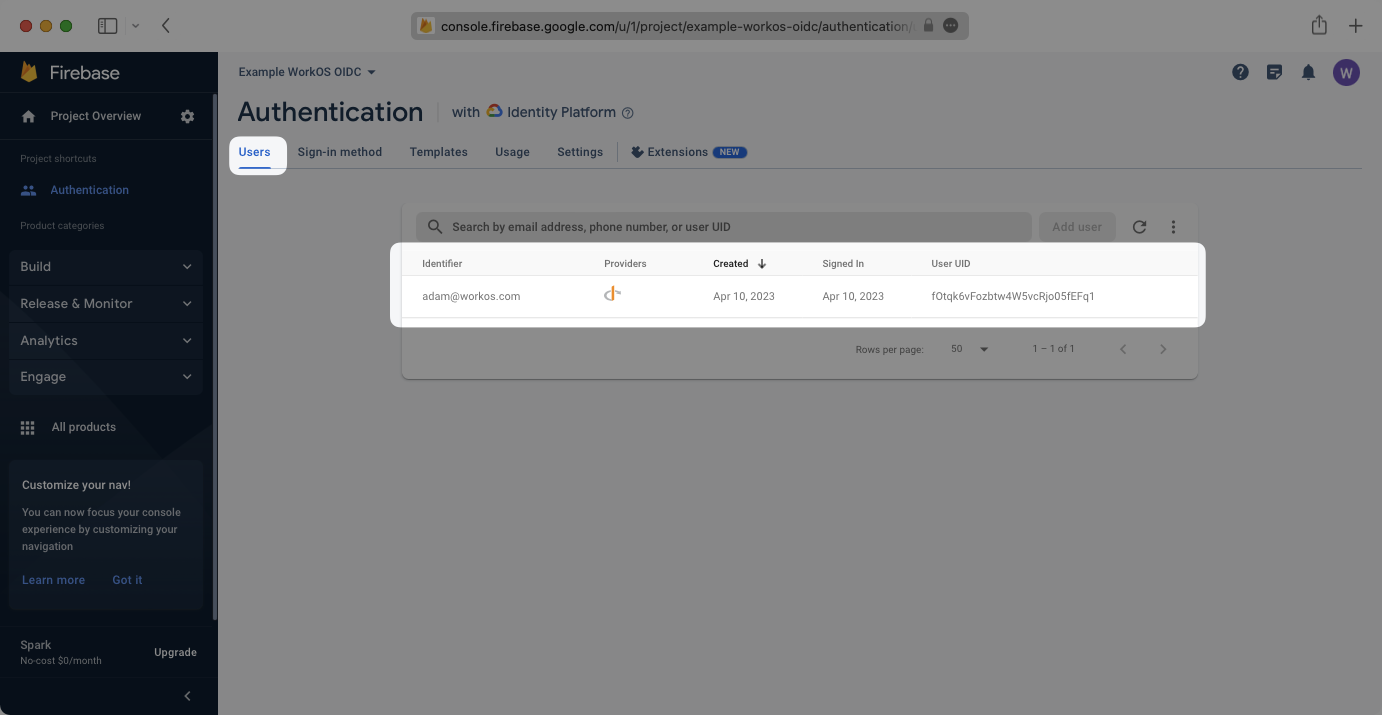 A screenshot showing a successfully authenticated user in Firebase.