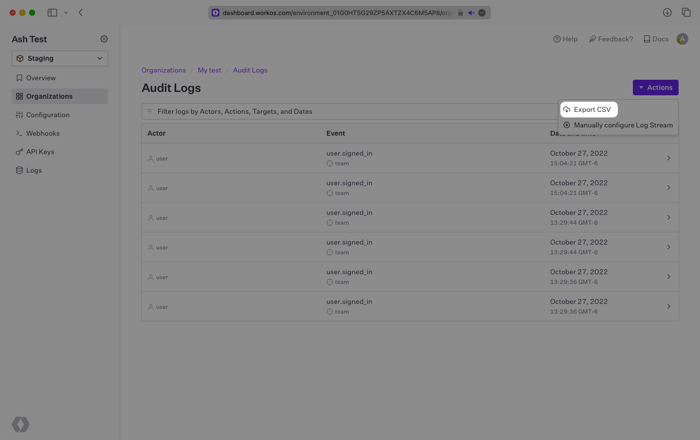 A screenshot showing how to generate an Audit Log export in the WorkOS Dashboard.