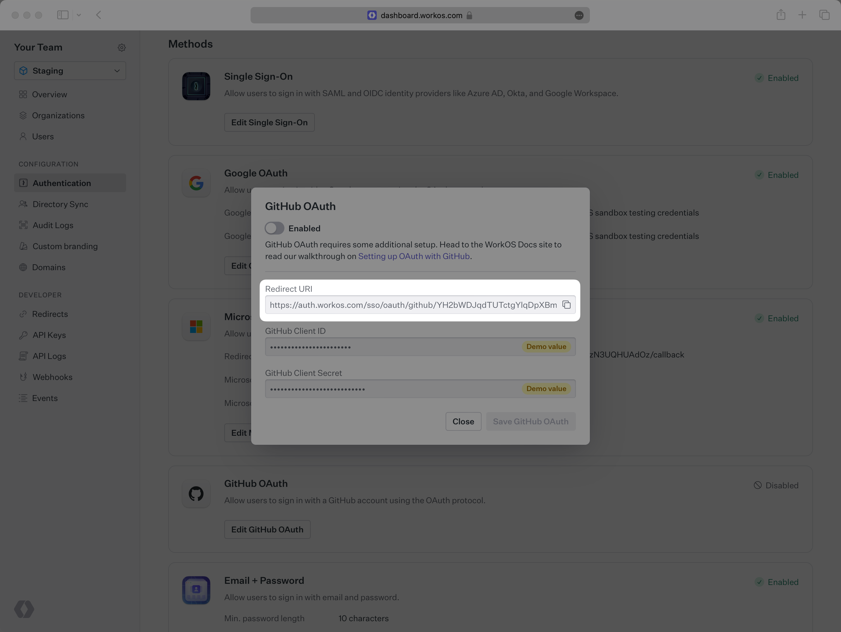 A screenshot showing the GitHub OAuth configuration modal in the WorkOS Dashboard.