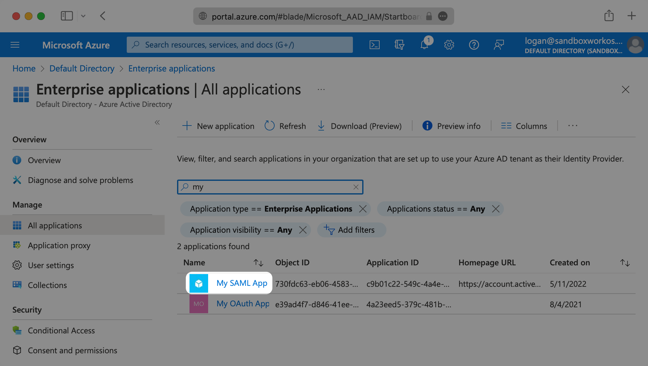 A screenshot showing where to select an existing application in the Azure dashboard.