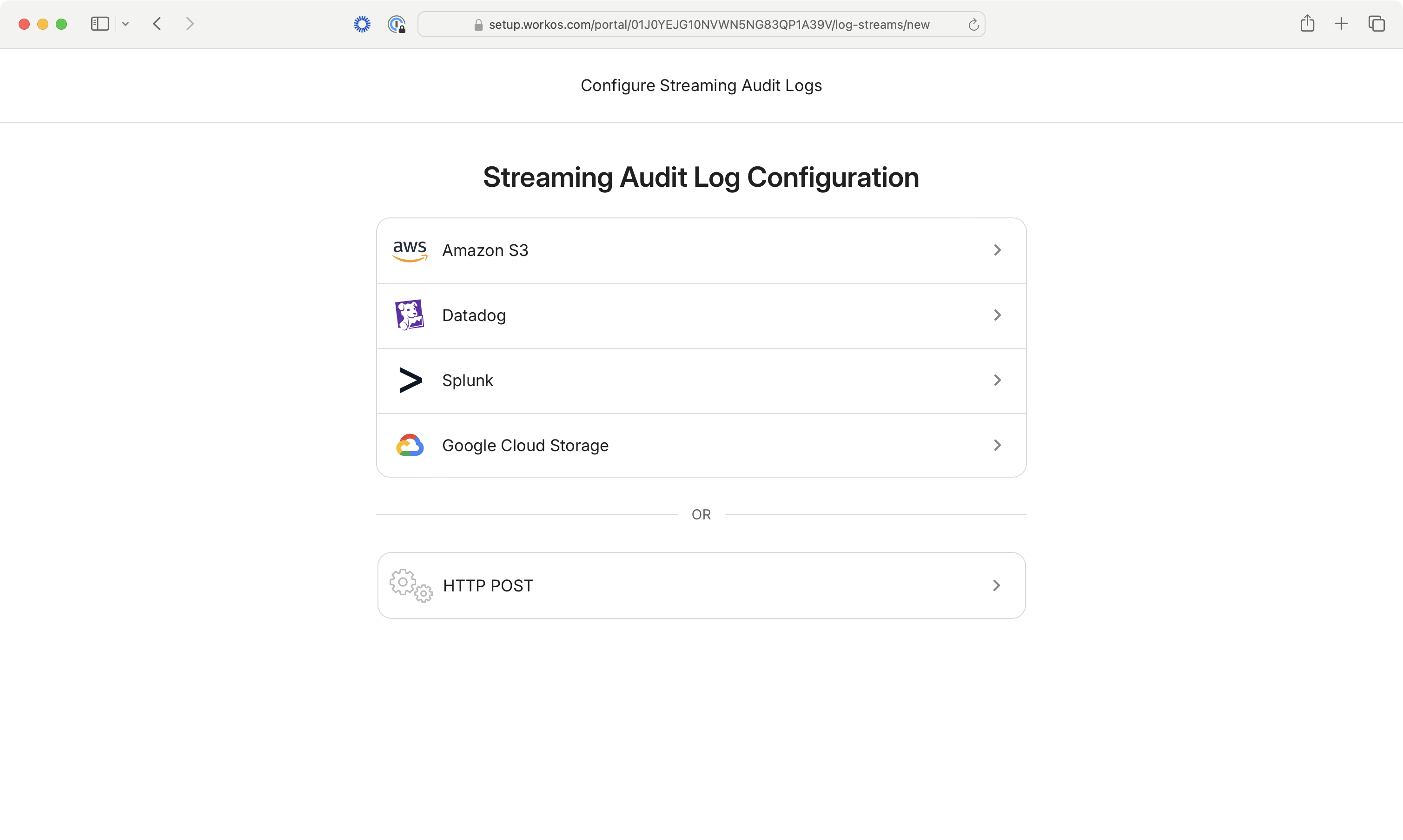 A screenshot showing log stream destination options in the WorkOS Admin Portal.