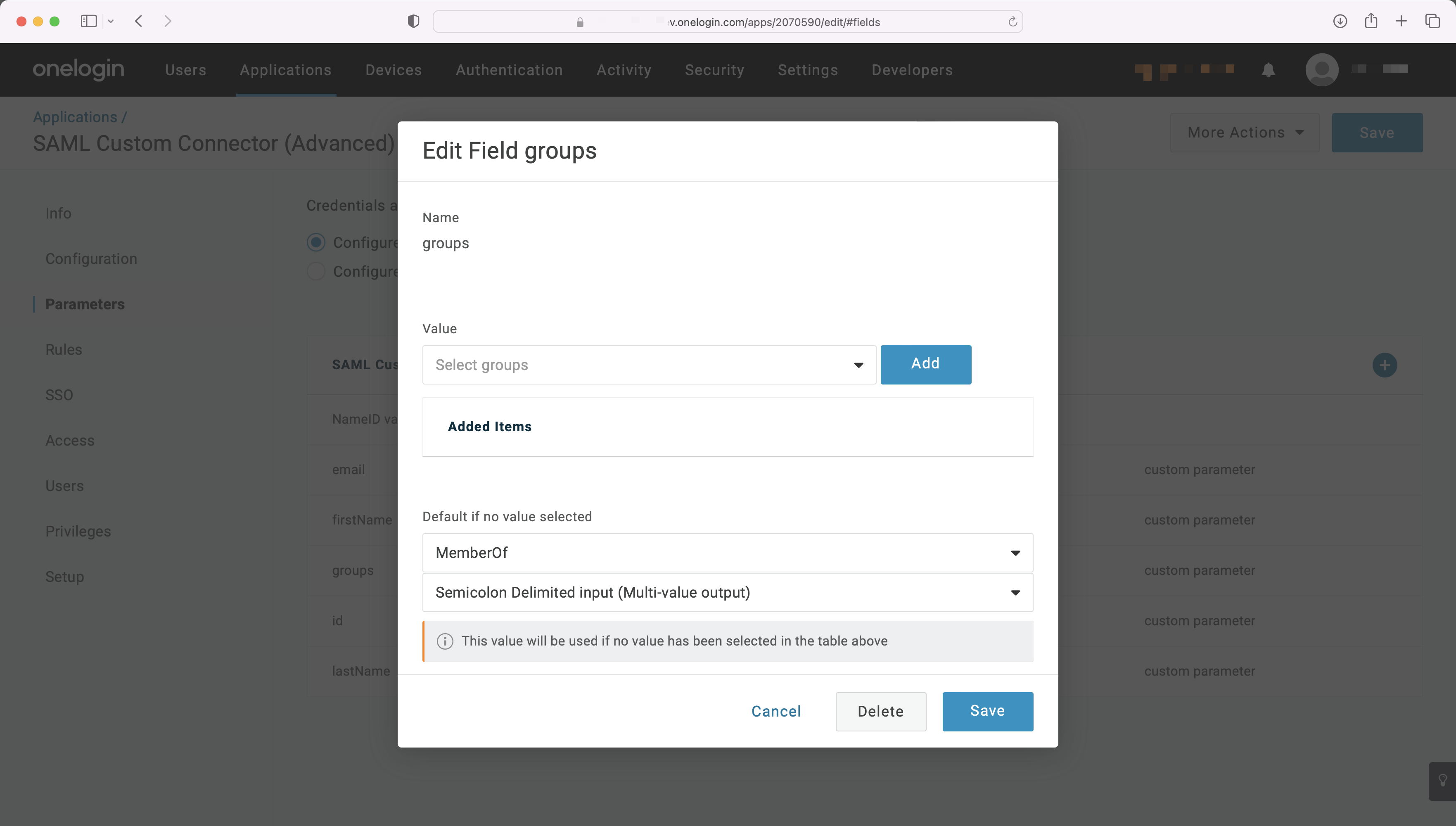 A screenshot showing how to map the groups parameter in the OneLogin Dashboard.