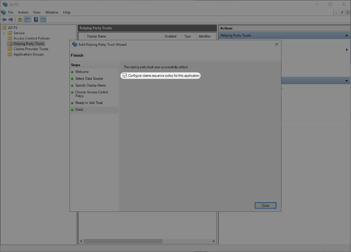 A screenshot showing where to configure the AD FS claims.