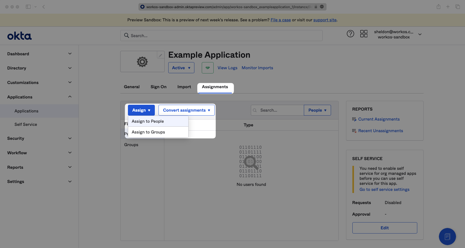 A screenshot showing the Okta Application "Assignments" tab in the Okta Dashboard.