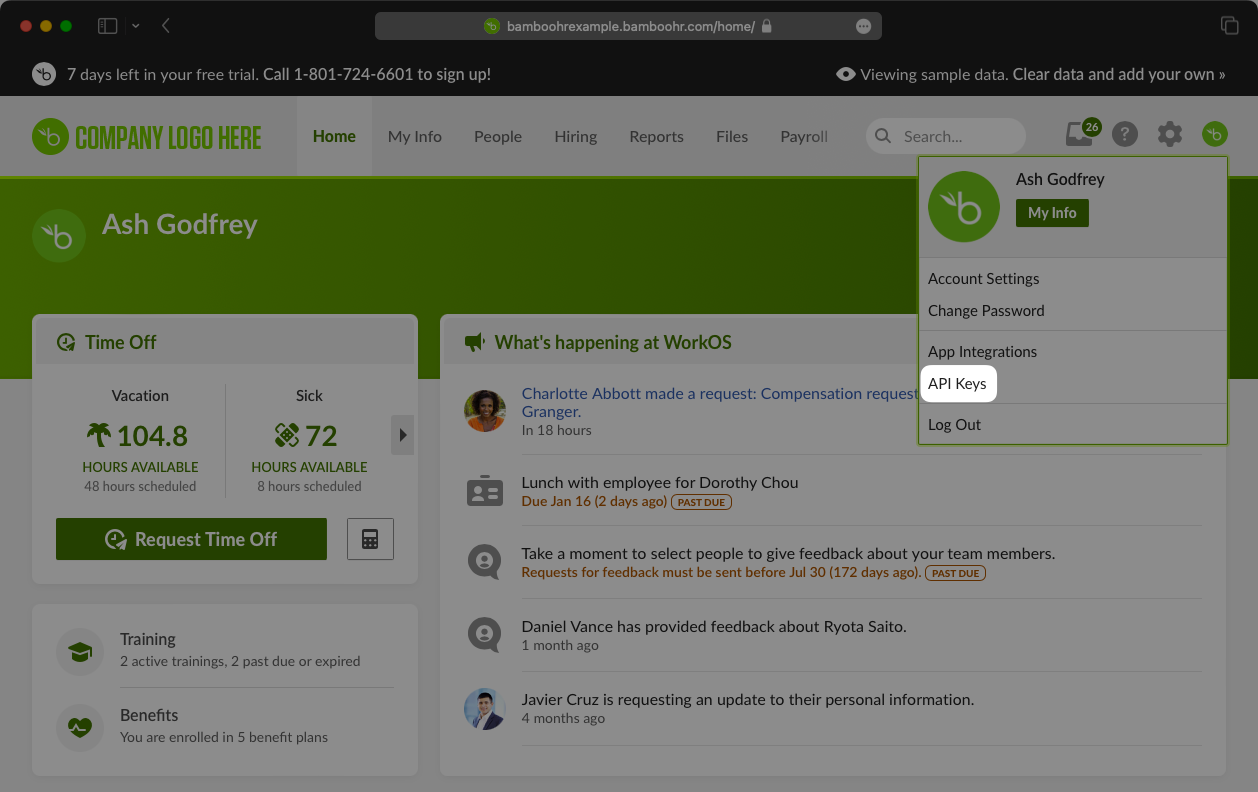 A screenshot showing where to find the "API Keys" option in the BambooHR Dashboard.