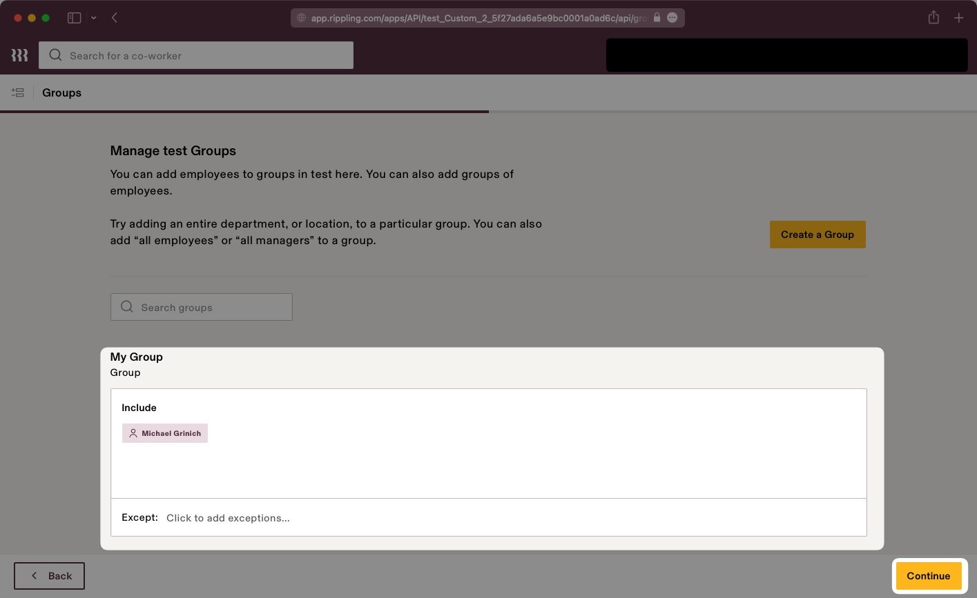 A screenshot showing where to assign users and groups to a newly created application in Rippling.