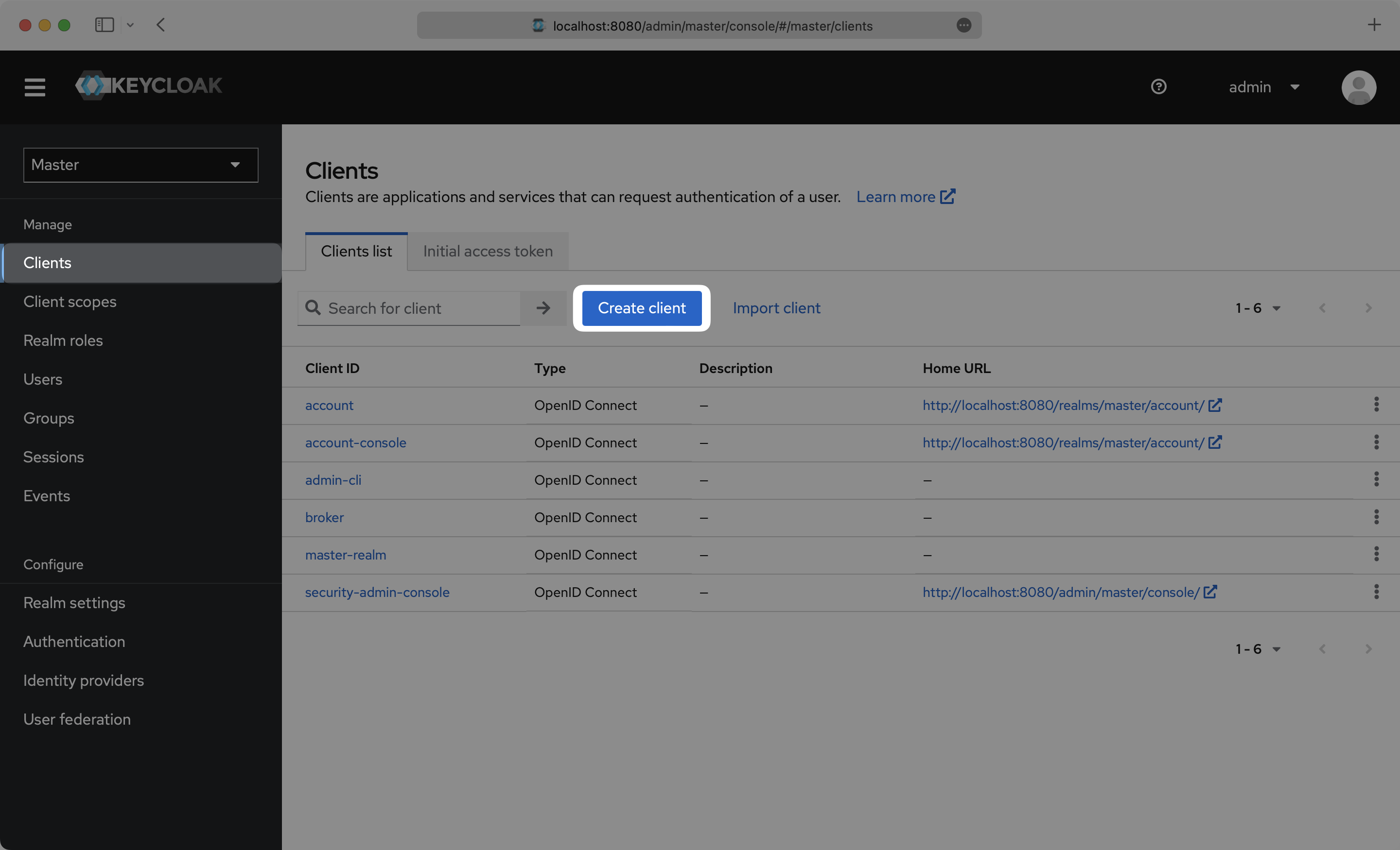 A screenshot highlighting the "Create client" button in the Keycloak dashboard.