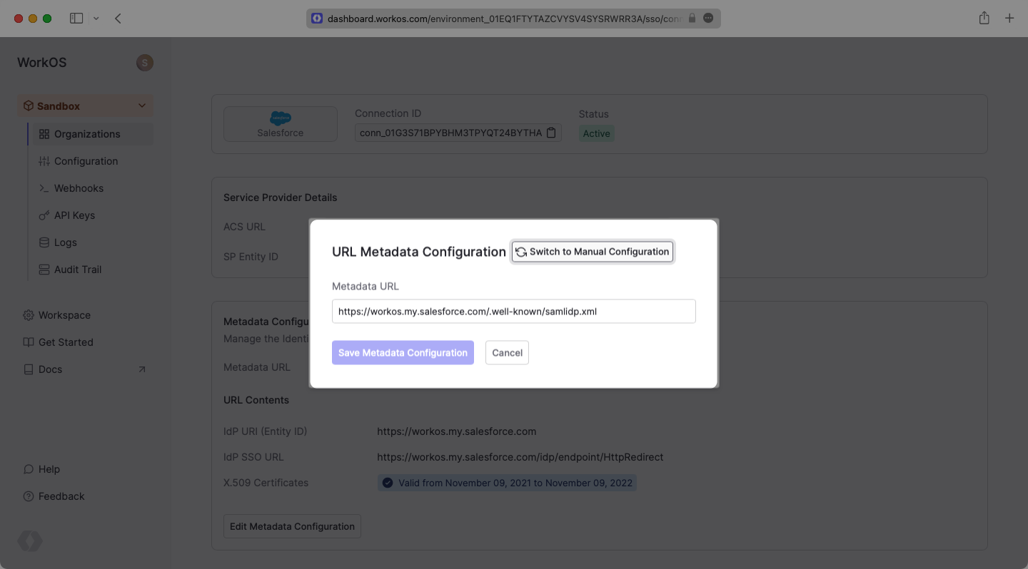 Upload IdP Metadata URL in WorkOS Dashboard