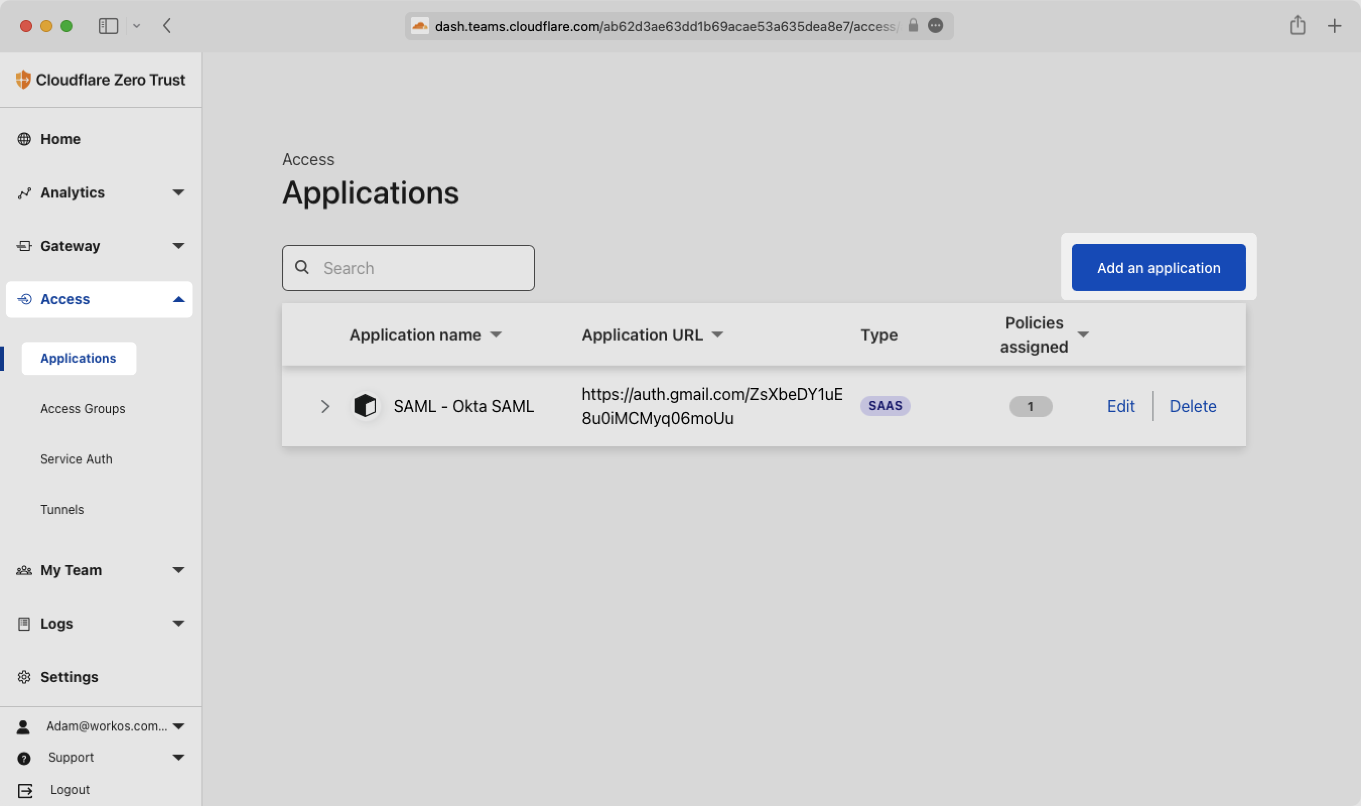 A screenshot showing where to add an application in Cloudflare Access.
