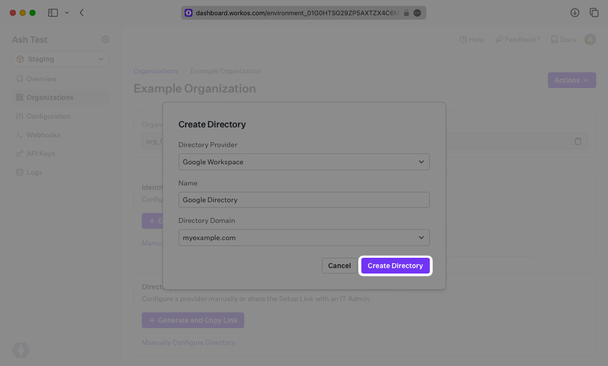 A screenshot showing how to create a directory in the WorkOS Dashboard.