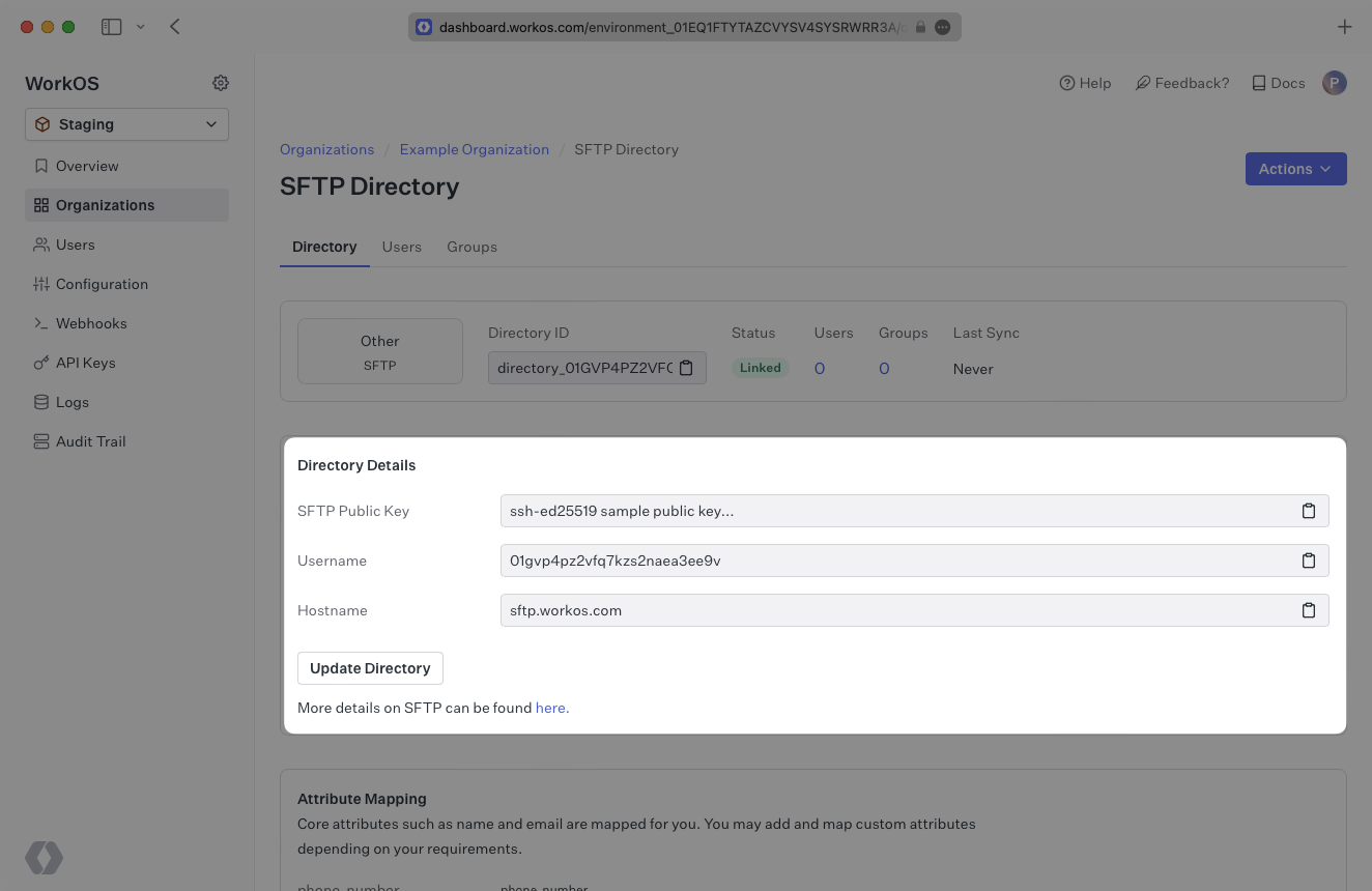 A screenshot showing SFTP directory details in the WorkOS Dashboard.