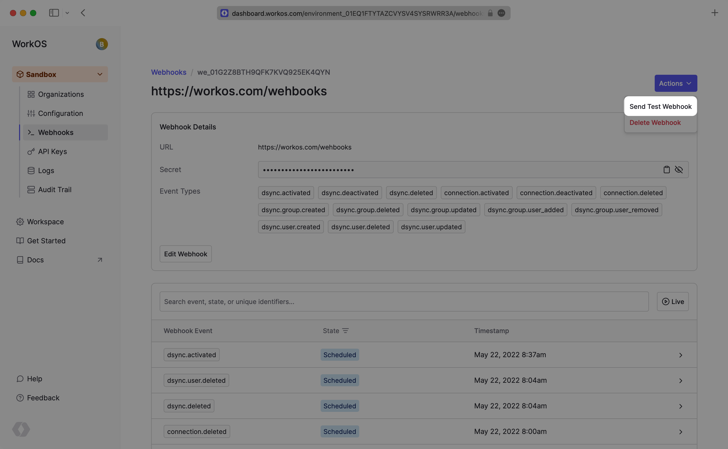 A screenshot showing how to send a test webhook in the WorkOS dashboard.