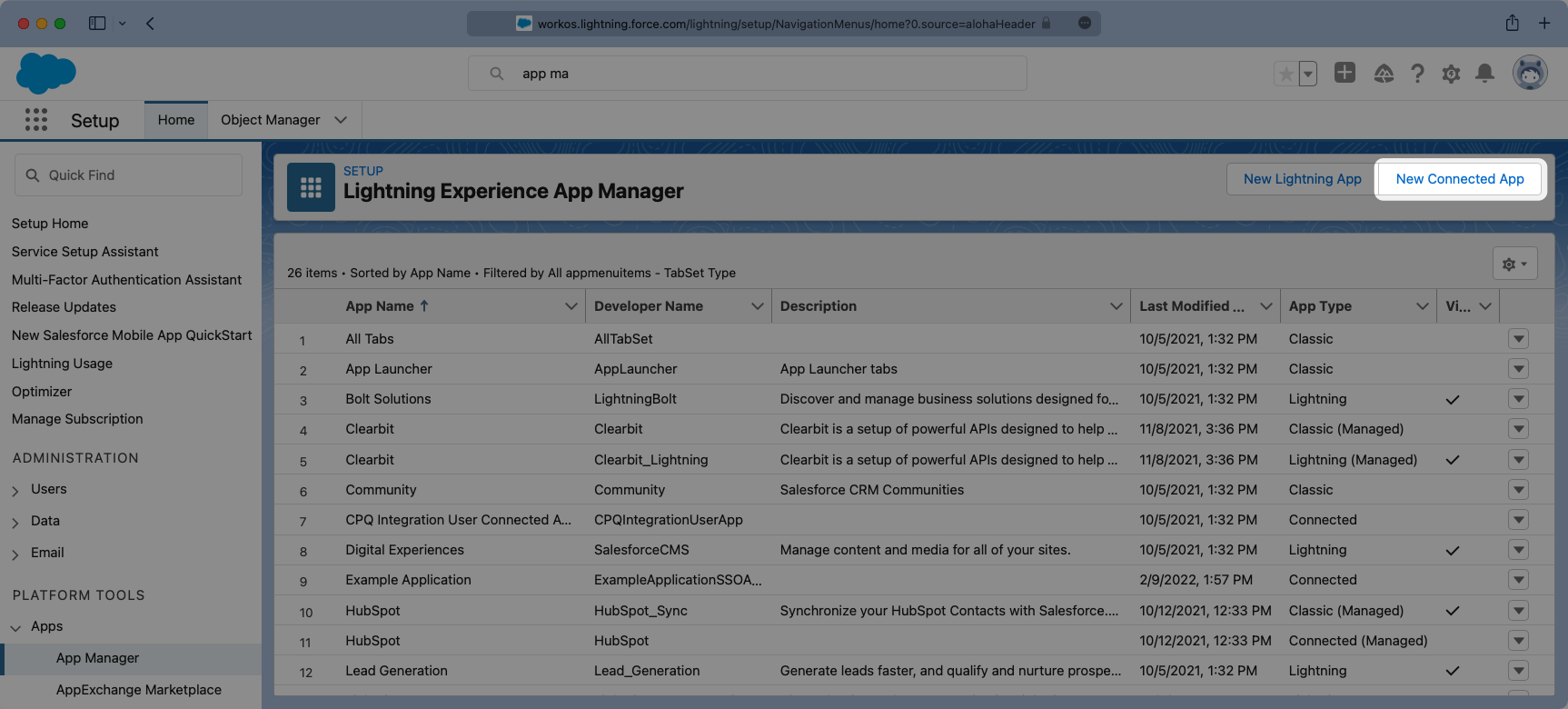 A screenshot showing how to create a new Connected App in the Salesforce dashboard.