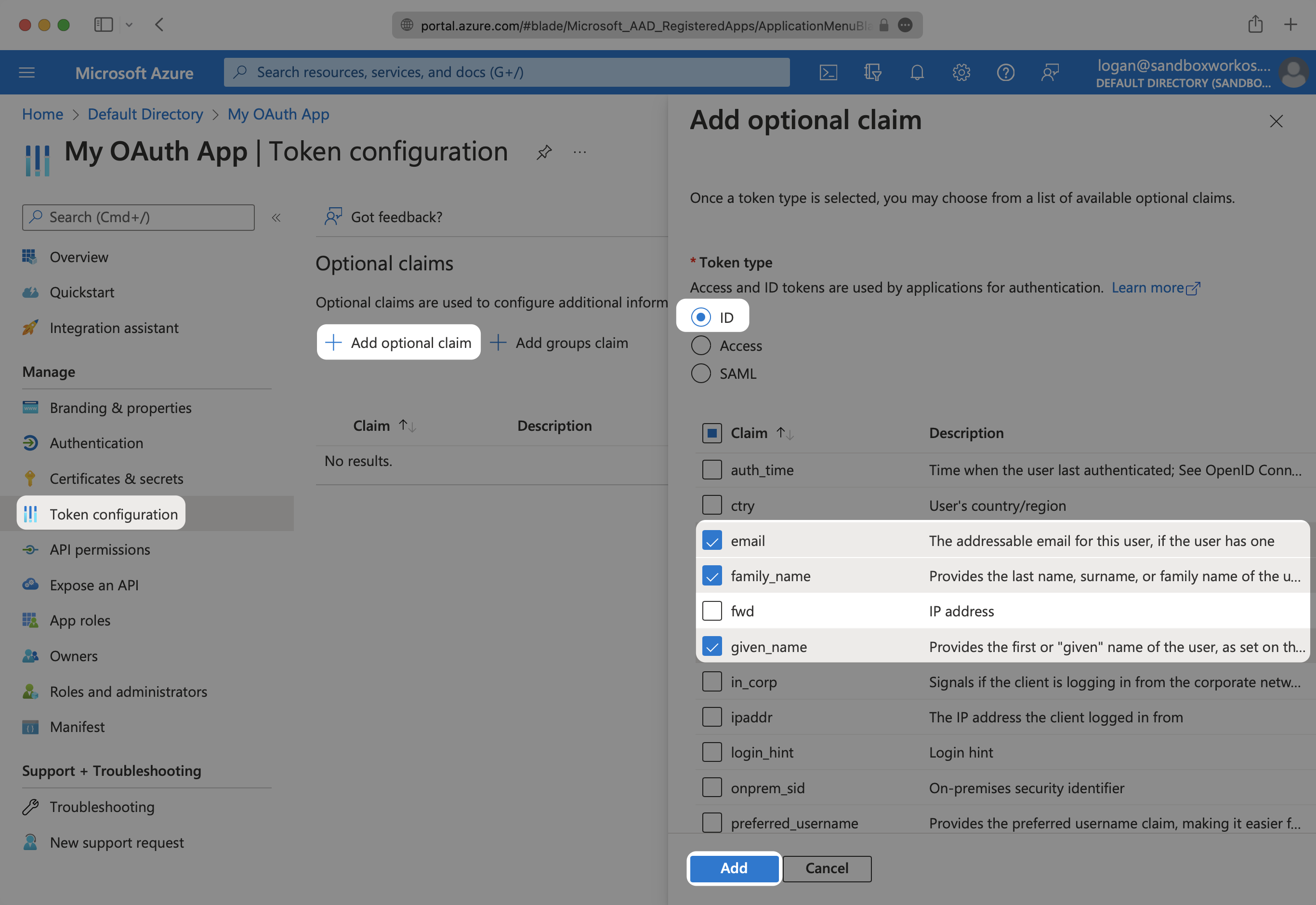 A screenshot showing where to add claims in the Azure App Settings.