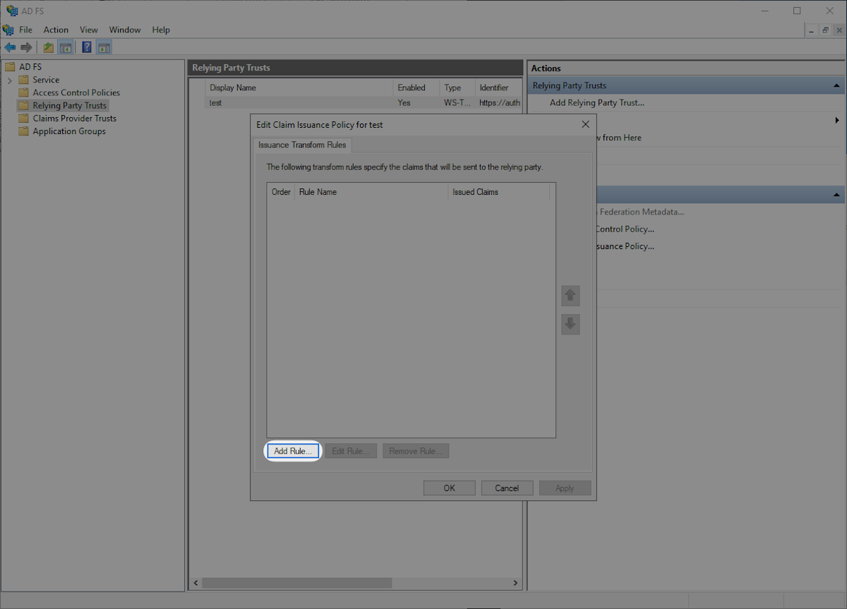 A screenshot showing where to add a rule in the Edit Claims Issuance Policy window.