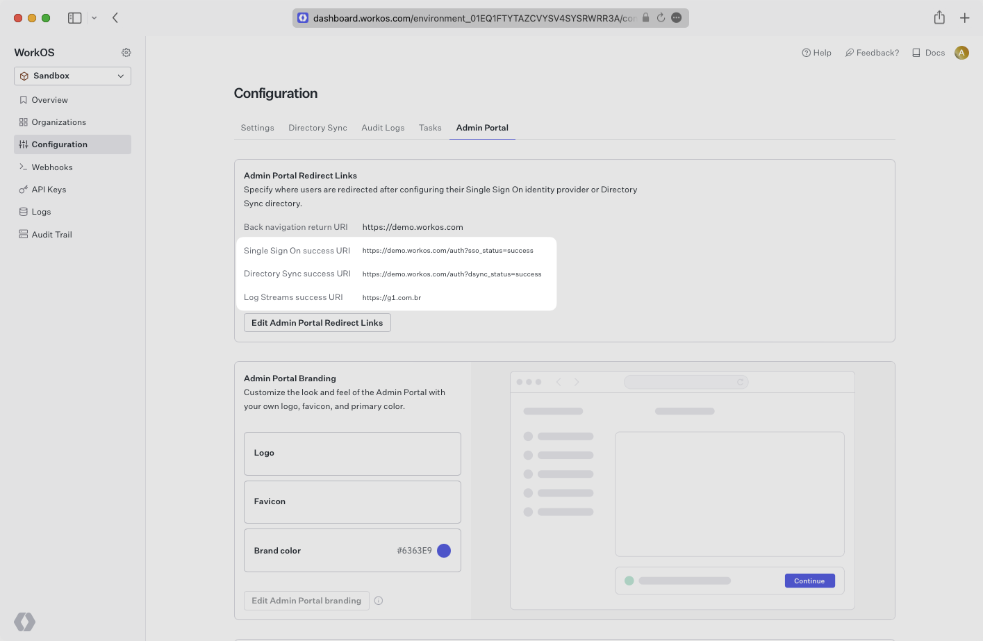 A screenshot showing the Admin Portal redirect URI variations in the WorkOS Dashboard.