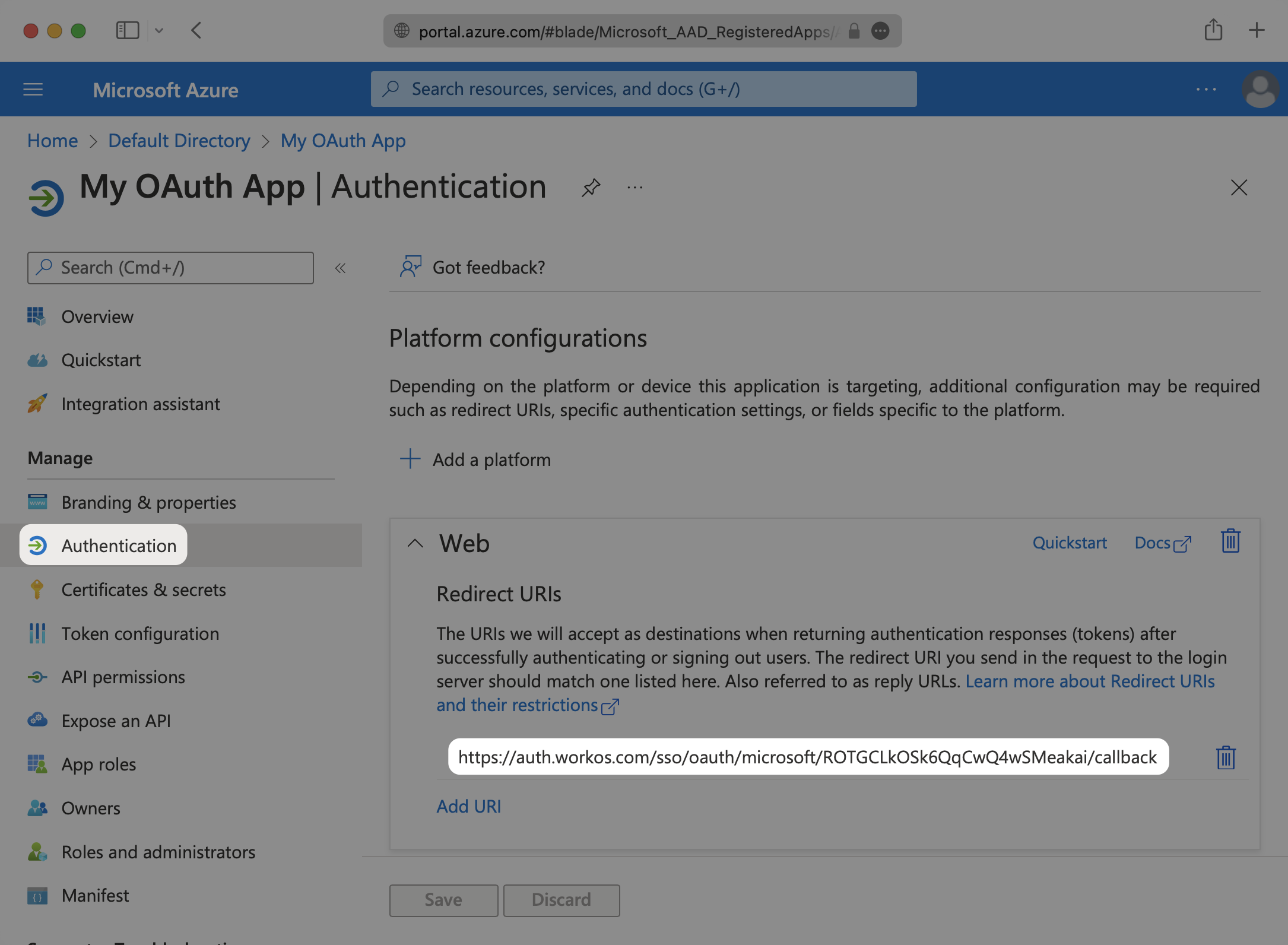 A screenshot showing where to enter the Redirect URI in the Azure App Settings.