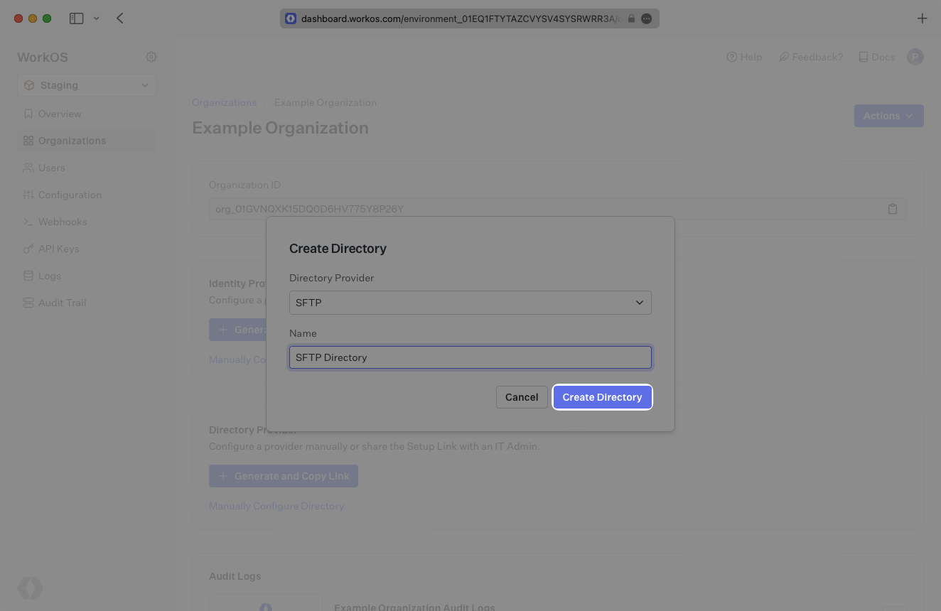 A screenshot showing how to create a directoryin the WorkOS Dashboard.
