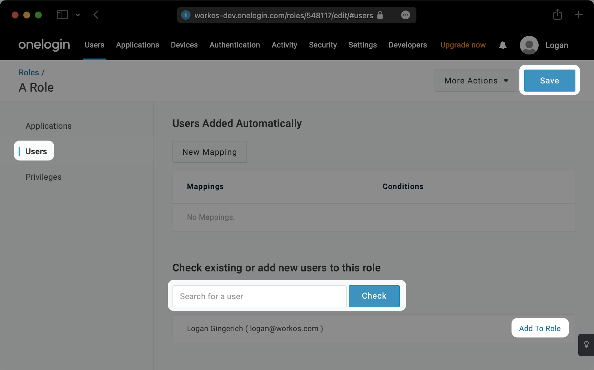 A screenshot showing how to add Users to "Role" in OneLogin
