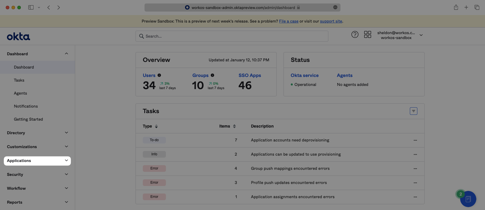 A screenshot showing how to navigave to existing applications in the Okta Dashboard.