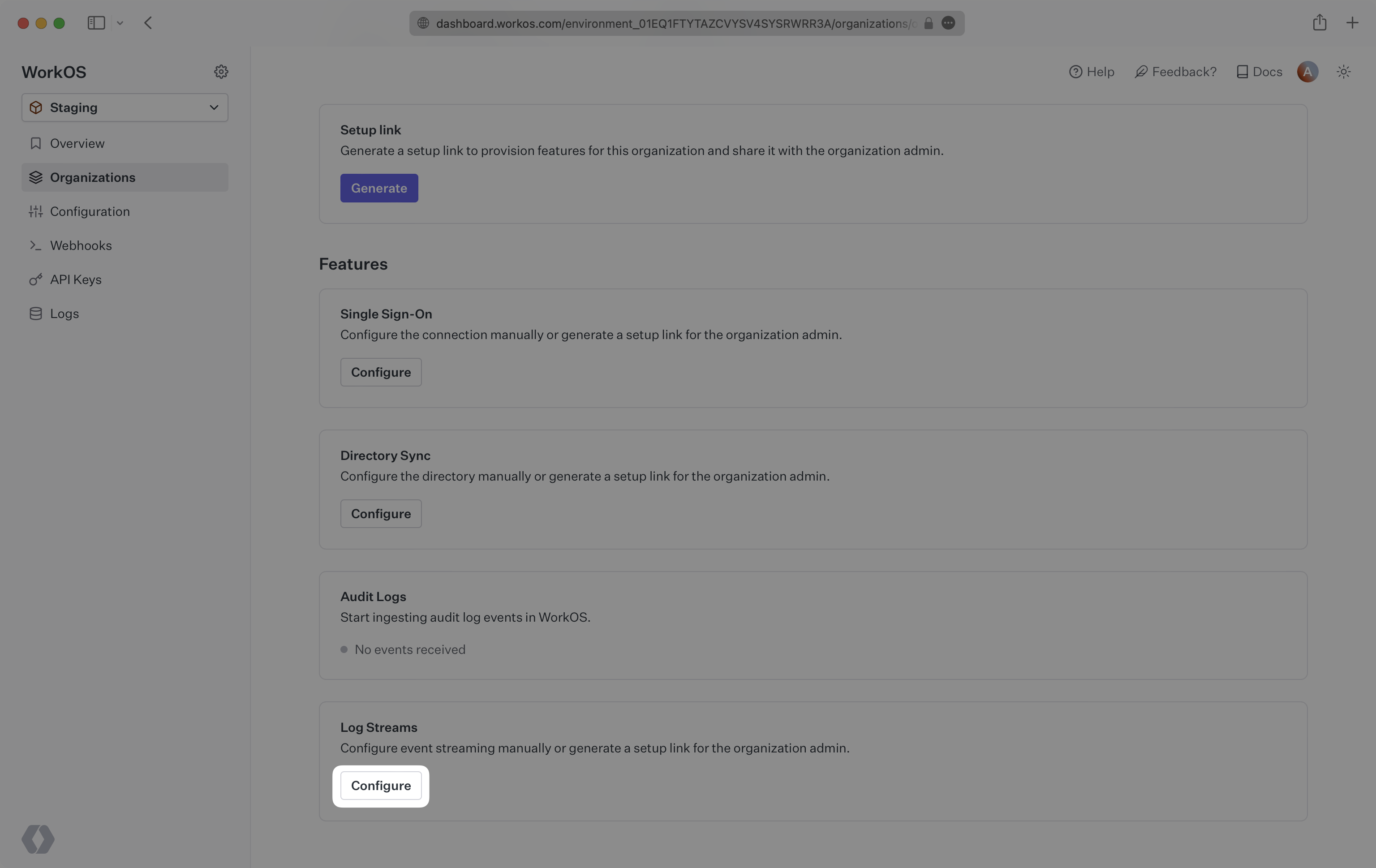 A screenshot showing where to find "Configure" in the WorkOS Dashboard.