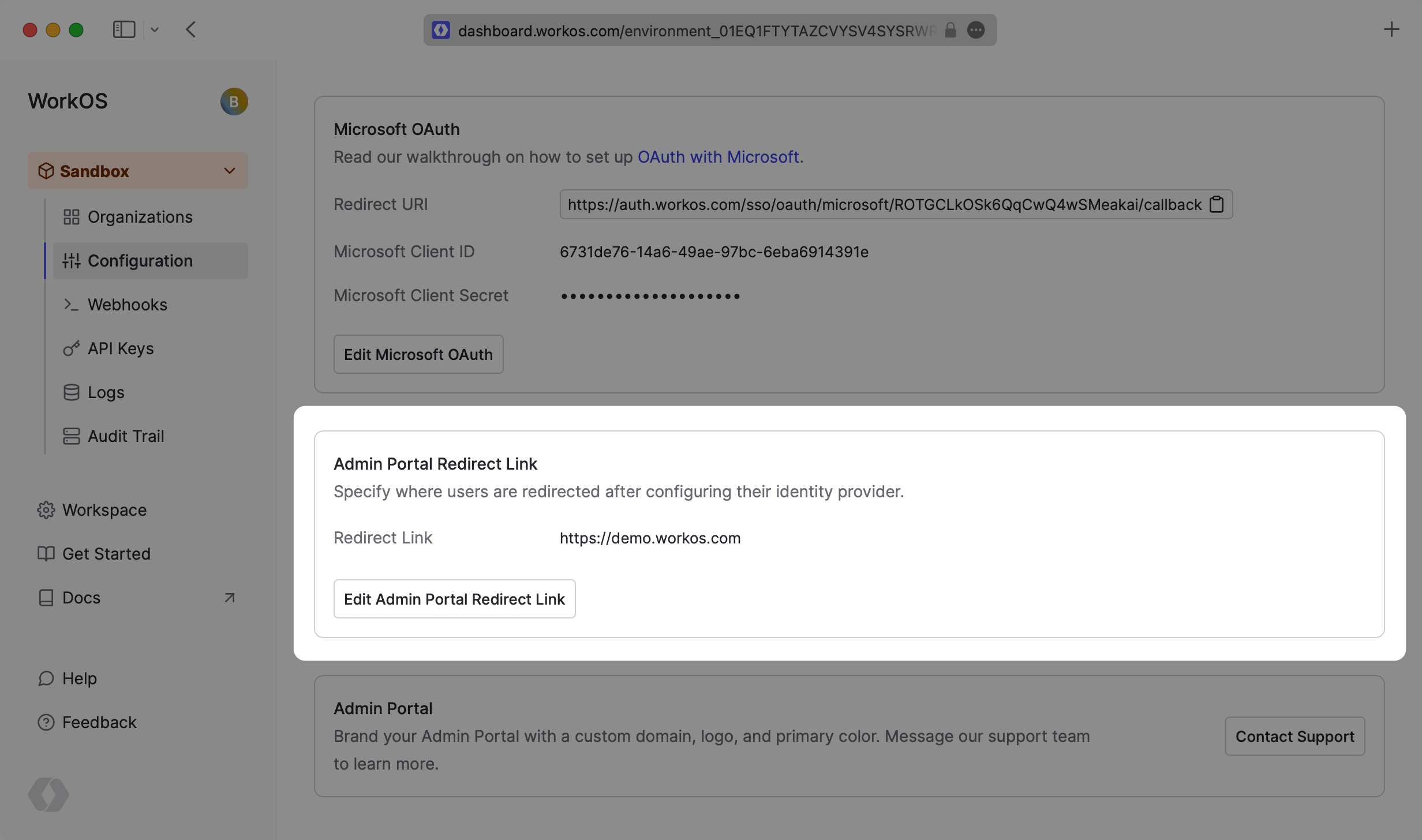 WorkOS Dashboard – Admin Portal Redirect Link