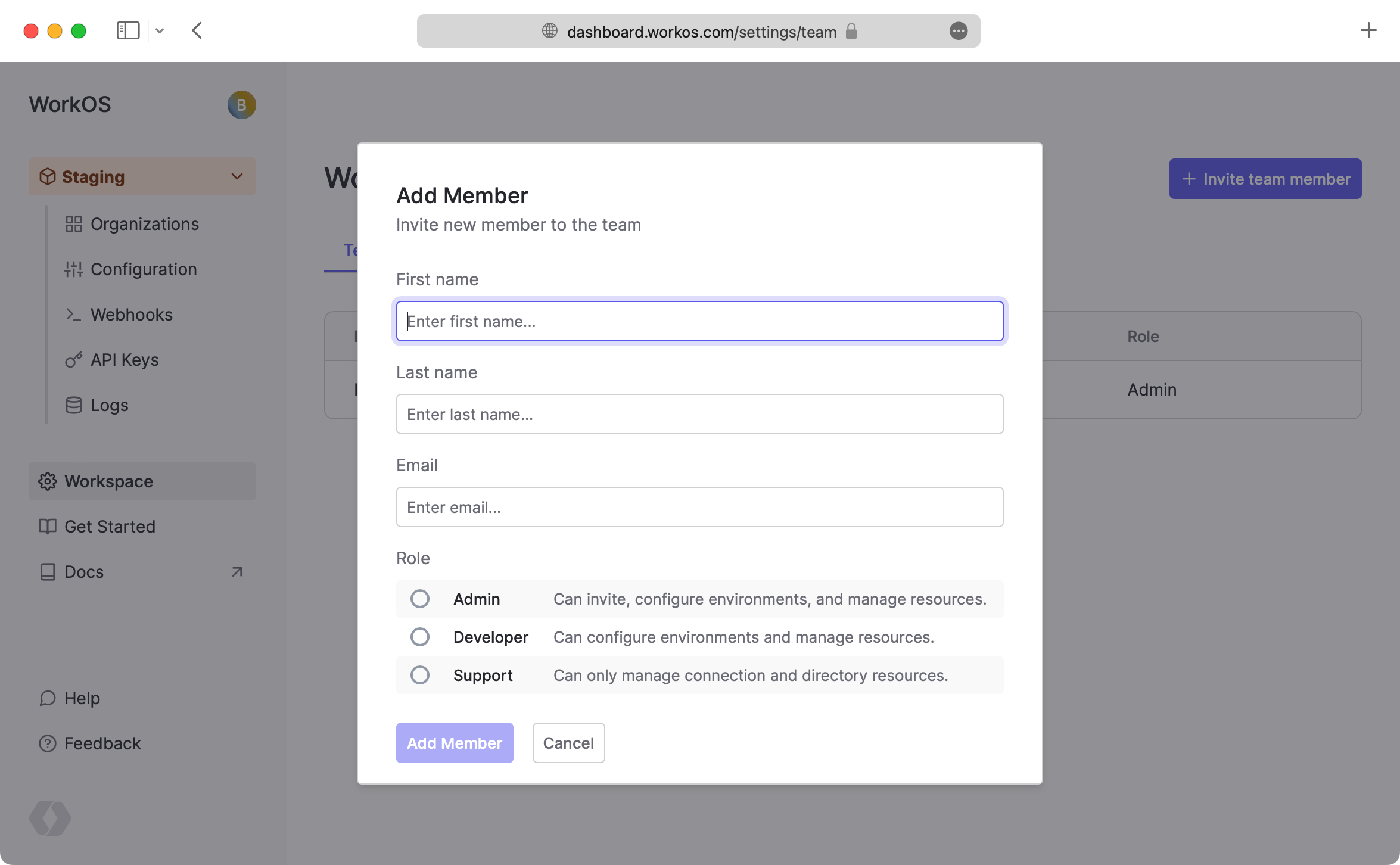 WorkOS Dashboard – Add Member